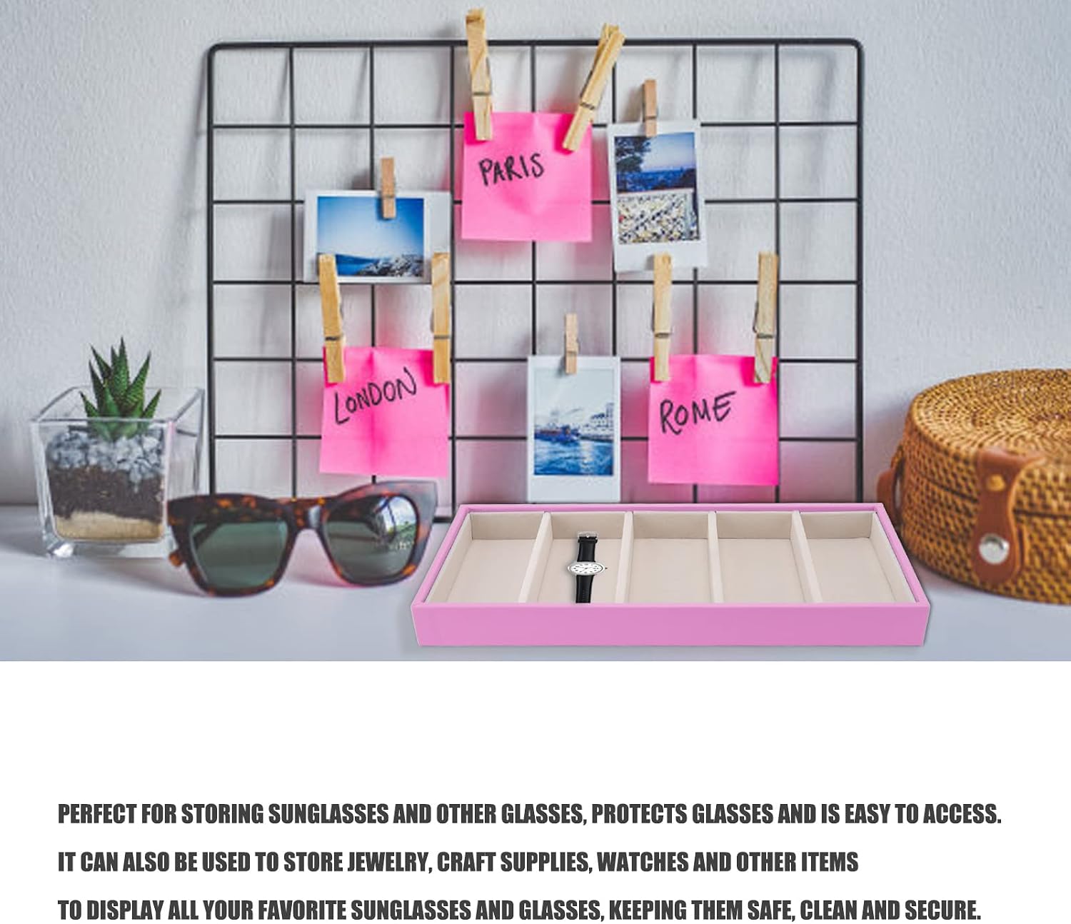 Glasses Box Tray, 5 Grid Glasses Case Multifunction Space Saving 5 Slot Sunglasses Holder Storage Box Jewelry Trays for Glasses and Watch Holder (Roseate)