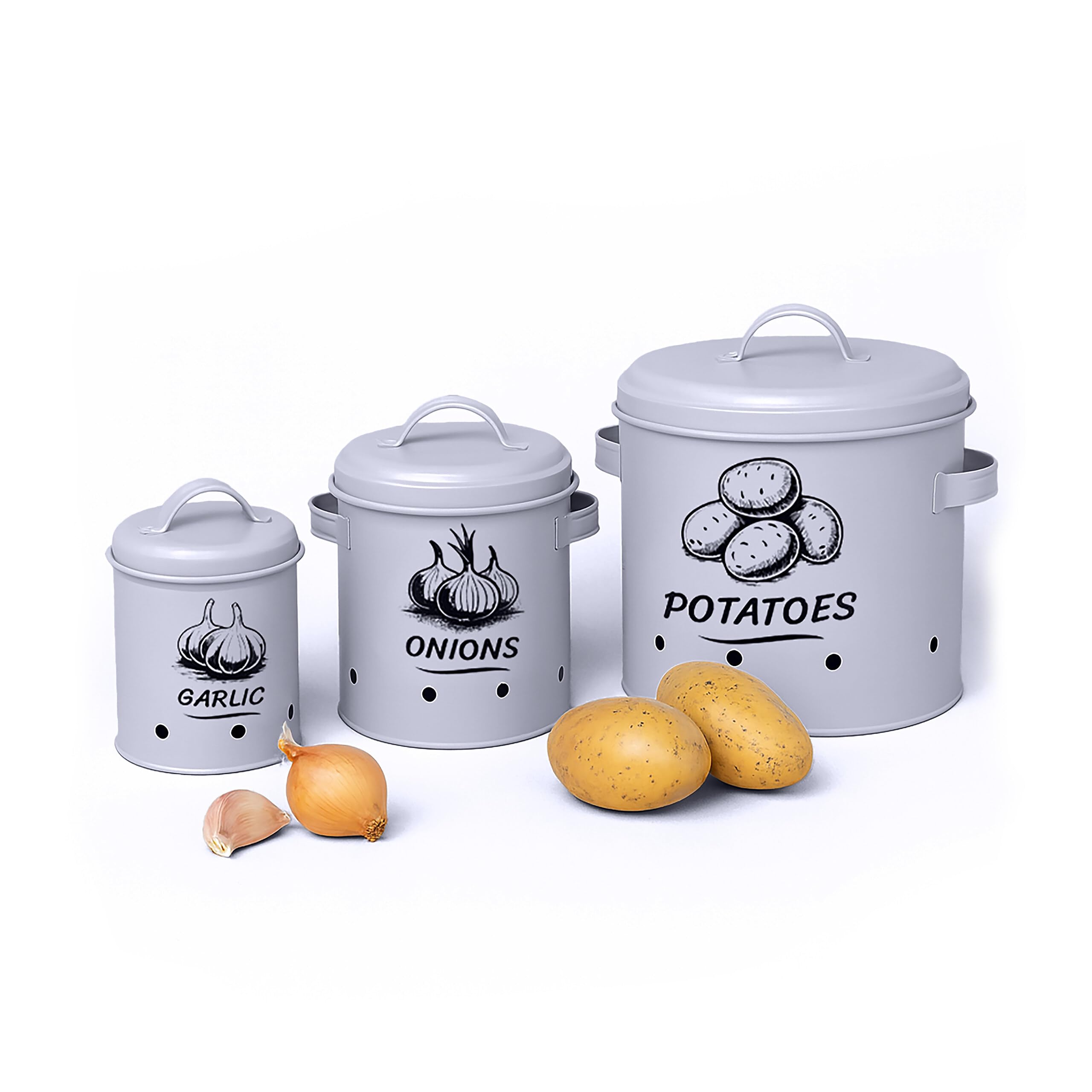 Relaxdays Potato Storage Box, Onions, Garlic, Set of 3, with Lid & Holes, Metal, Onion Pot, Grey