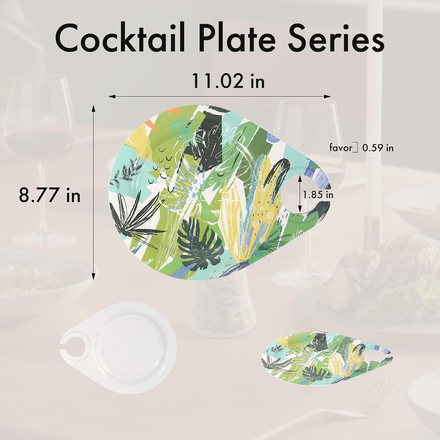 Reusable Boho Water-Drop Cocktail & Appetizer Plate with Built-In Drink Cup Holder – Party Plate with Stemware Holder for Fried Chicken, Burgers, Red Wine & More – 3-Pack (Polka Dots)