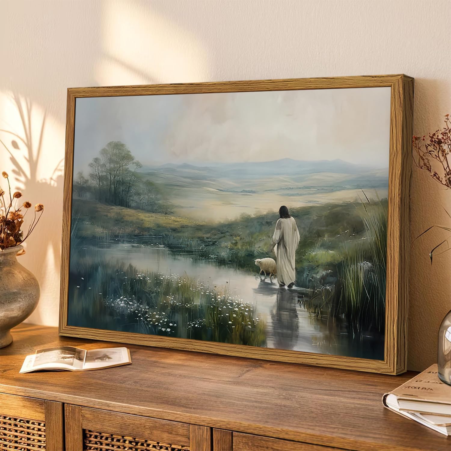 Framed Jesus Leaves the Sheep Wall Art, Christian Wall Decor Picture, Jesus and Lamb Paintings The Lost Sheep Canvas Prints Religious Home Decor for Living Room Bedroom Church Prayer 12x16 inch - Image 3