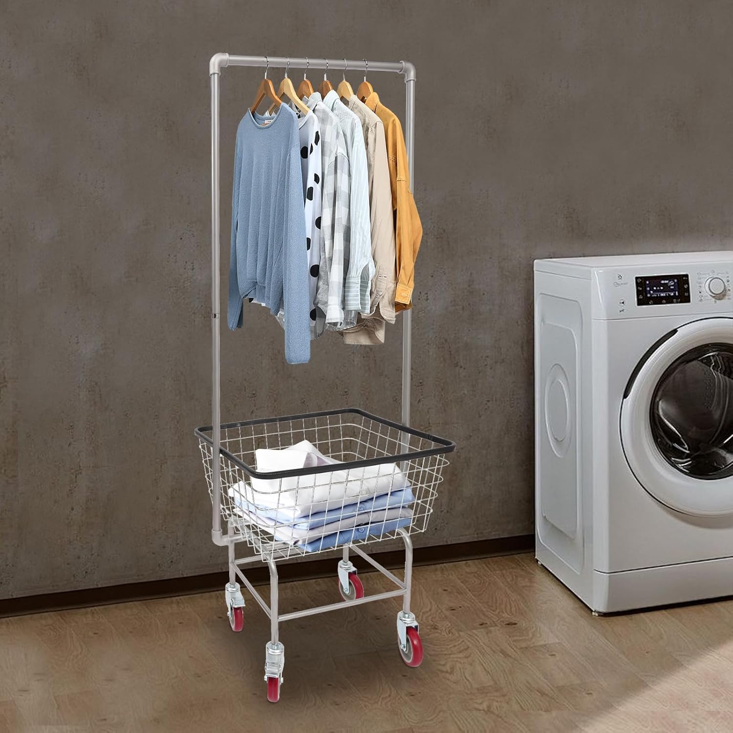 Laundry Cart with Hanging Rack, 28”x21.7”x5.58’ Large Metal Rolling Laundry Hamper Wire Storage Basket with Wheels