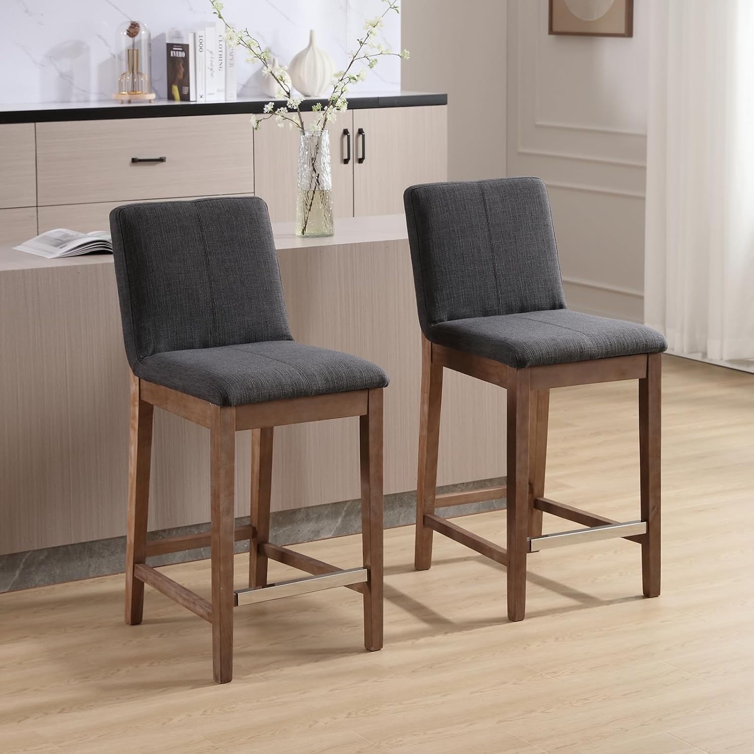 Wood Counter Stools Set of 2, Mid-Century Modern 26" Counter Height Stool with Back & Footrest Comfy Linen Fabric Barstools Upholstered Stool for Dining Room/Kitchen Island/Pub, Charcoal
