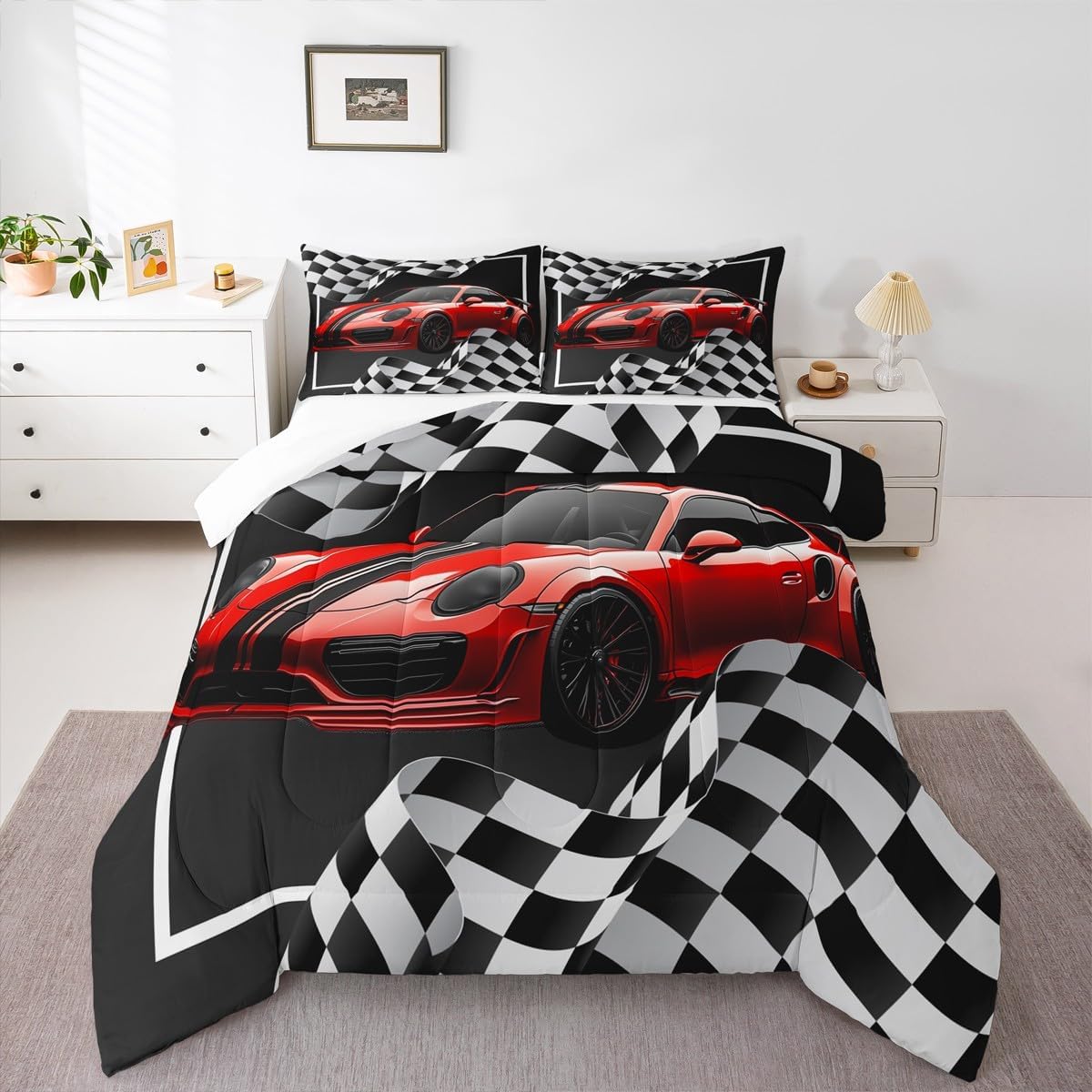 Red Race Car Comforter Set Queen Size, Black White Plaids Geometric Bedding Set 3pcs for Kids Teens Boys Men Room Decor,Extreme Sports Games Racing Flags Quilt Set,2 Pillowcases