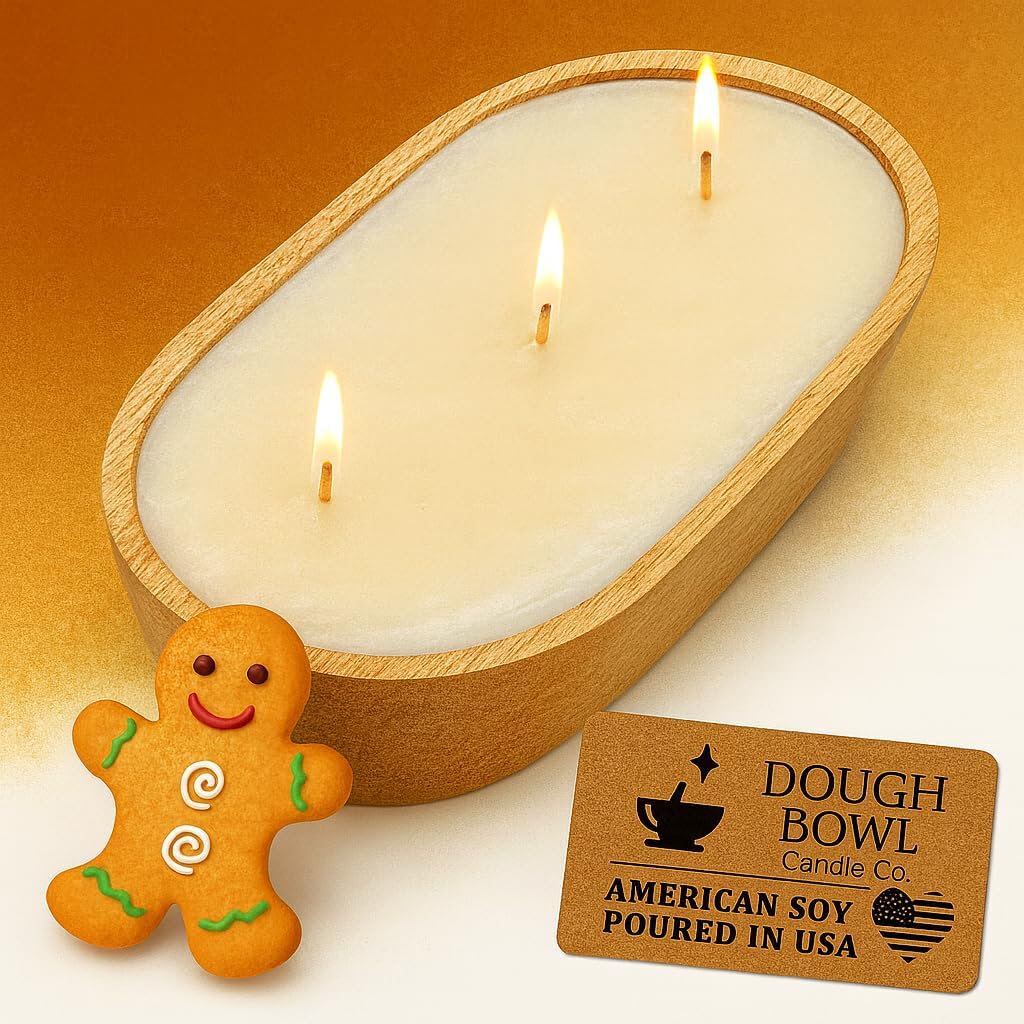 Dough Bowl Candle Co. Gingerbread Soy Candle - 3 Wick Rustic Farmhouse Decor Odor Eliminator in Wooden Bowls, 20 Ounce Wooden Dough Bowl Candle, All-Natural Gifts for Women and Men, Coffee Table Decor