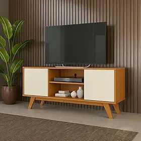 Rack Sala de Estar Turim 2 Portas e Nichos - Para TV até 50 Polegadas Pés Retrô em Madeira (Cedro/Off)