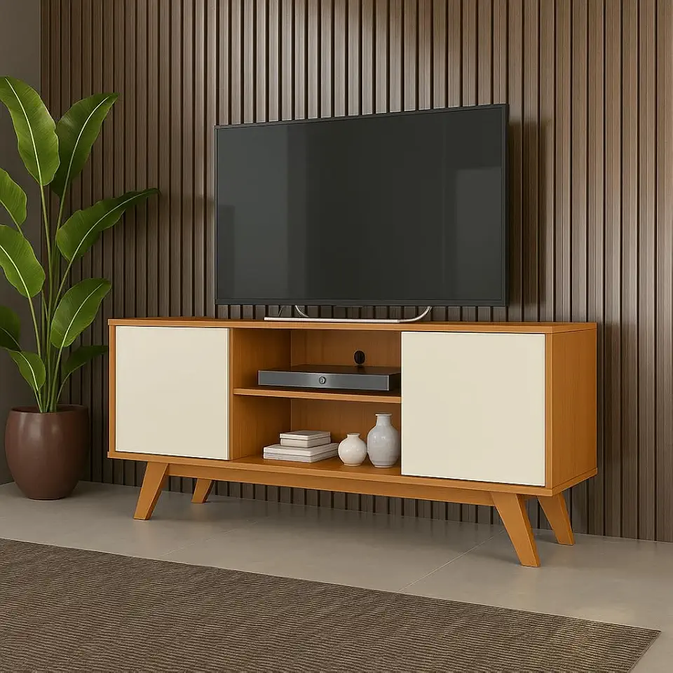 Rack Estante Multifuncional Para Sala de Estar com Prateleira, Porta e Organizador (Cedro/Off)