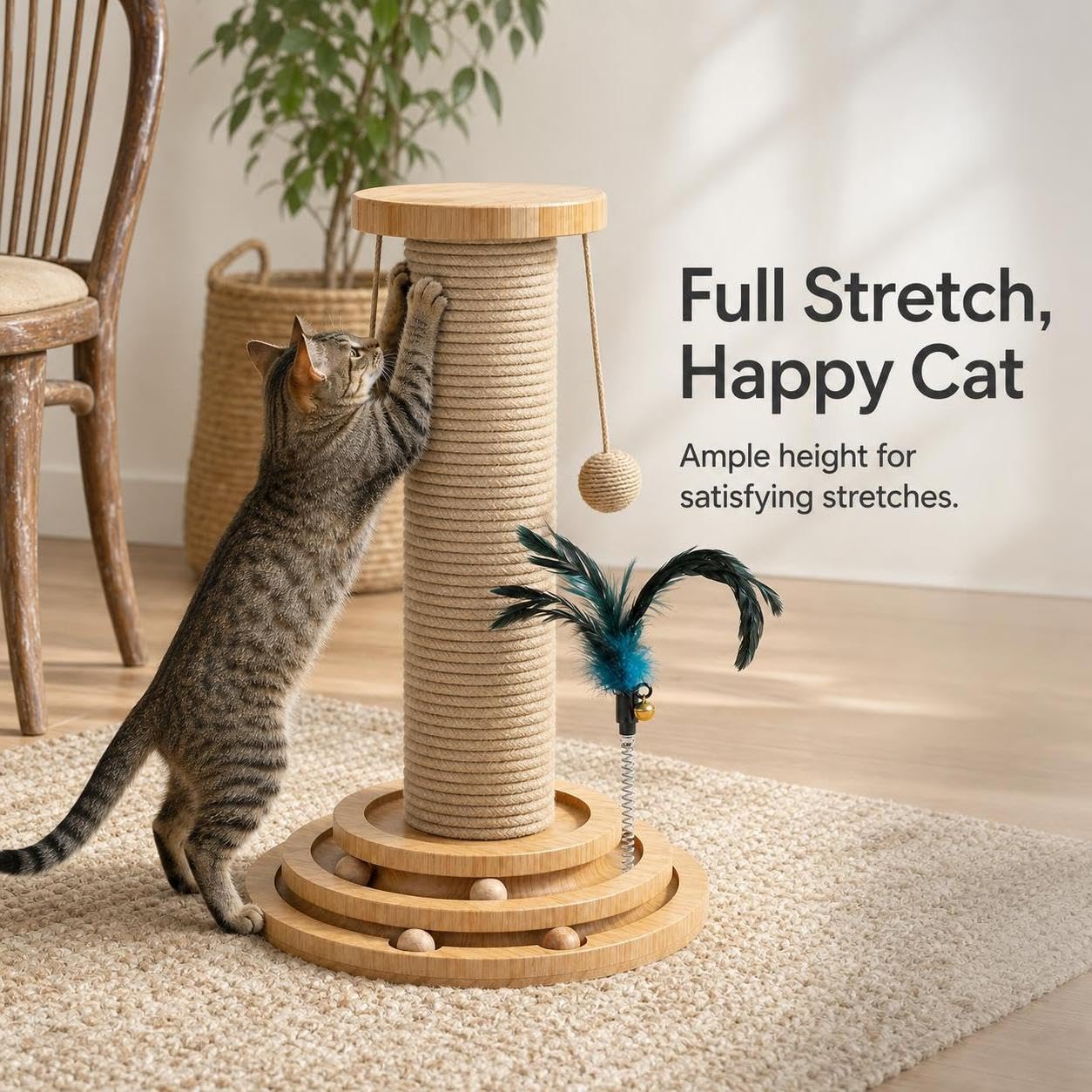 Albero per Gatti con Tiragraffi Sisal e Gioco, in Fibra Vegetale e Legno, per la casa, Quattro in uno tiragraffi per gatti