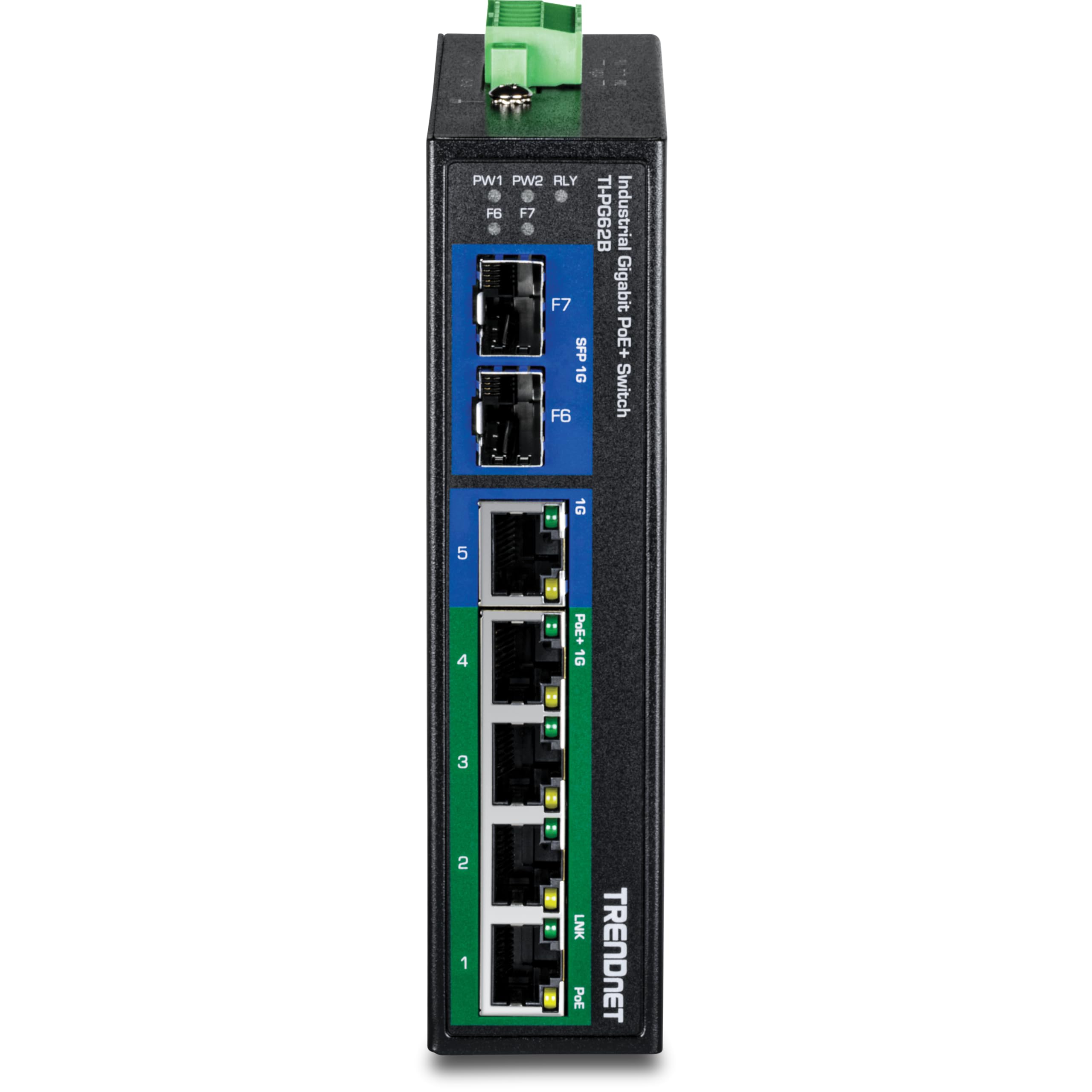 TRENDnet, TI-PG62B, Switch DIN-Rail PoE+ Gigabit Industrial de 6 Puertos, de 12 a 56 V, Carcasa con clasificación IP30, Negro