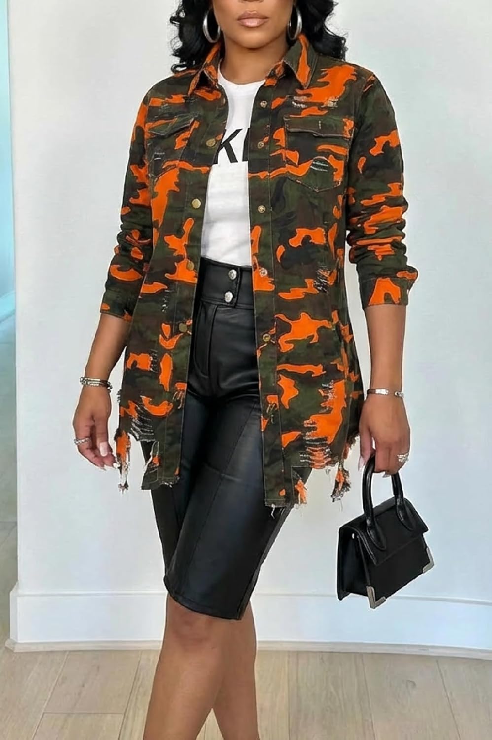 Seltaon Casual Ripped Camo Jacket for Women Fall Camouflage Army Fatigue Green Jackets Coat Plus Size
