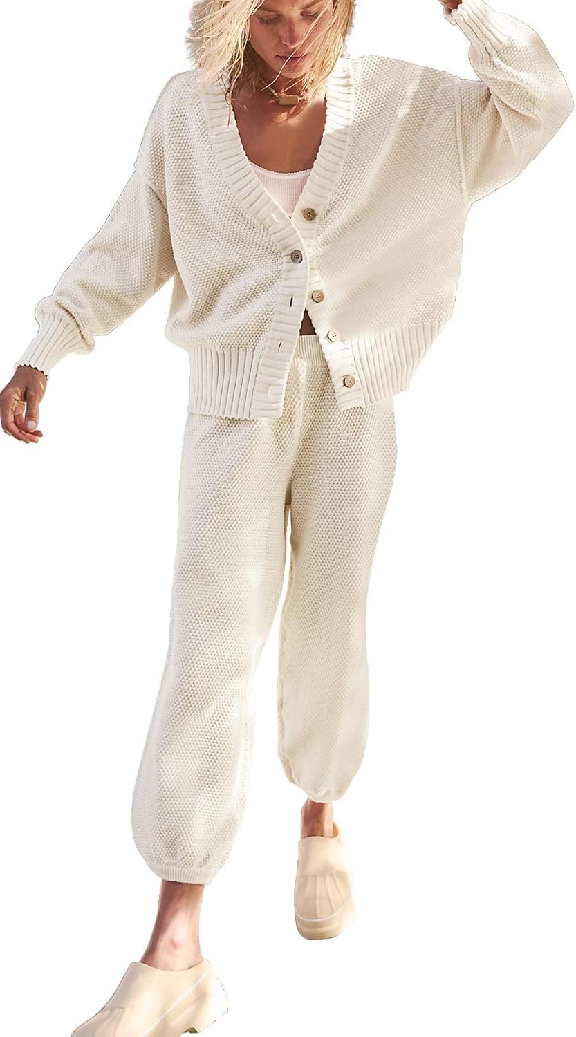 SAUKOLE Womens Two Piece Outfits Knit Sweater Sets Oversized Button Down Cardigan and Long Pants Matching Lounge Set - Image 2