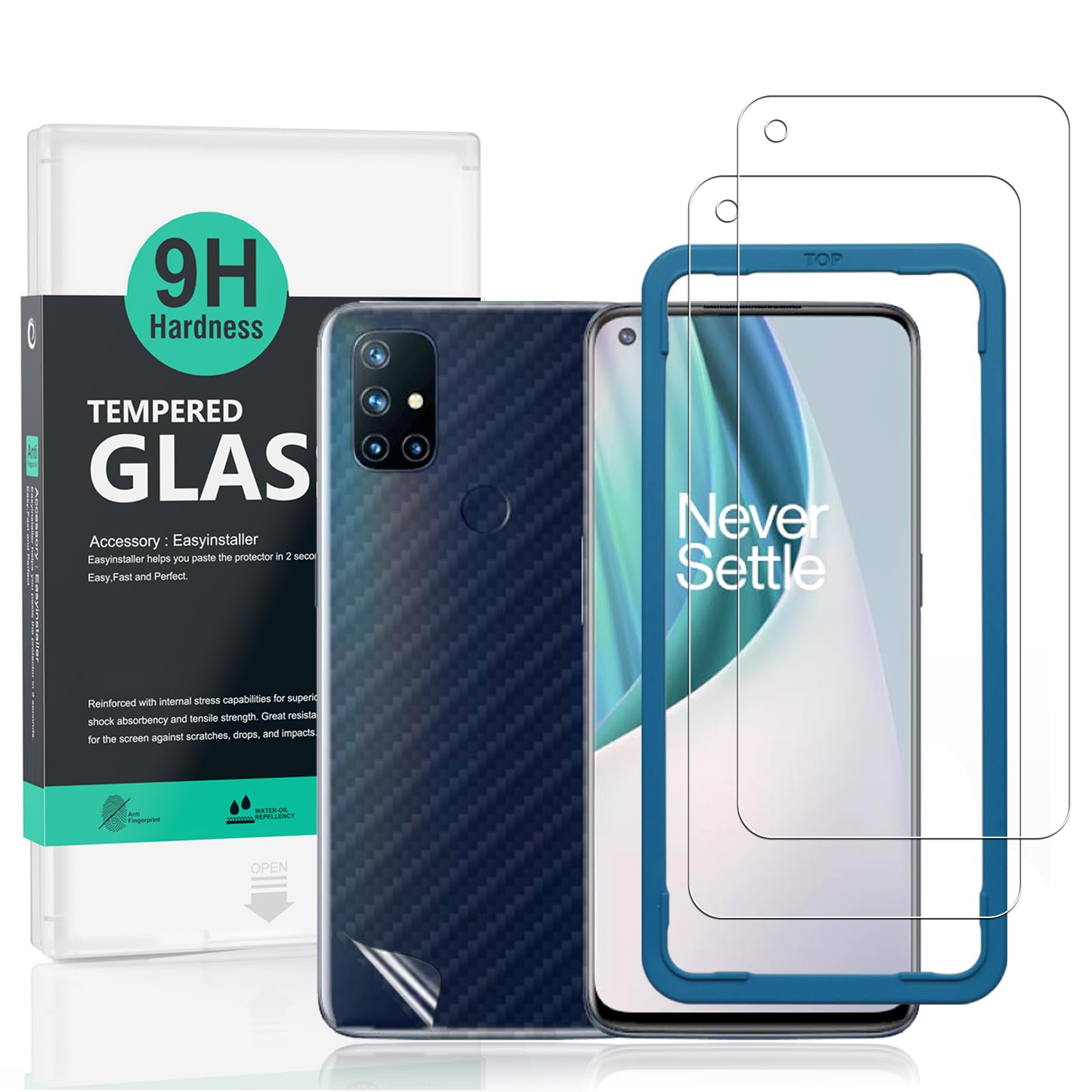 Ibywind Screen Protector For OnePlus Nord N10 5G,with 2Pcs Tempered Glass,1Pc Back Carbon Fiber Skin Protector[Fingerprint Reader,Easy to install]
