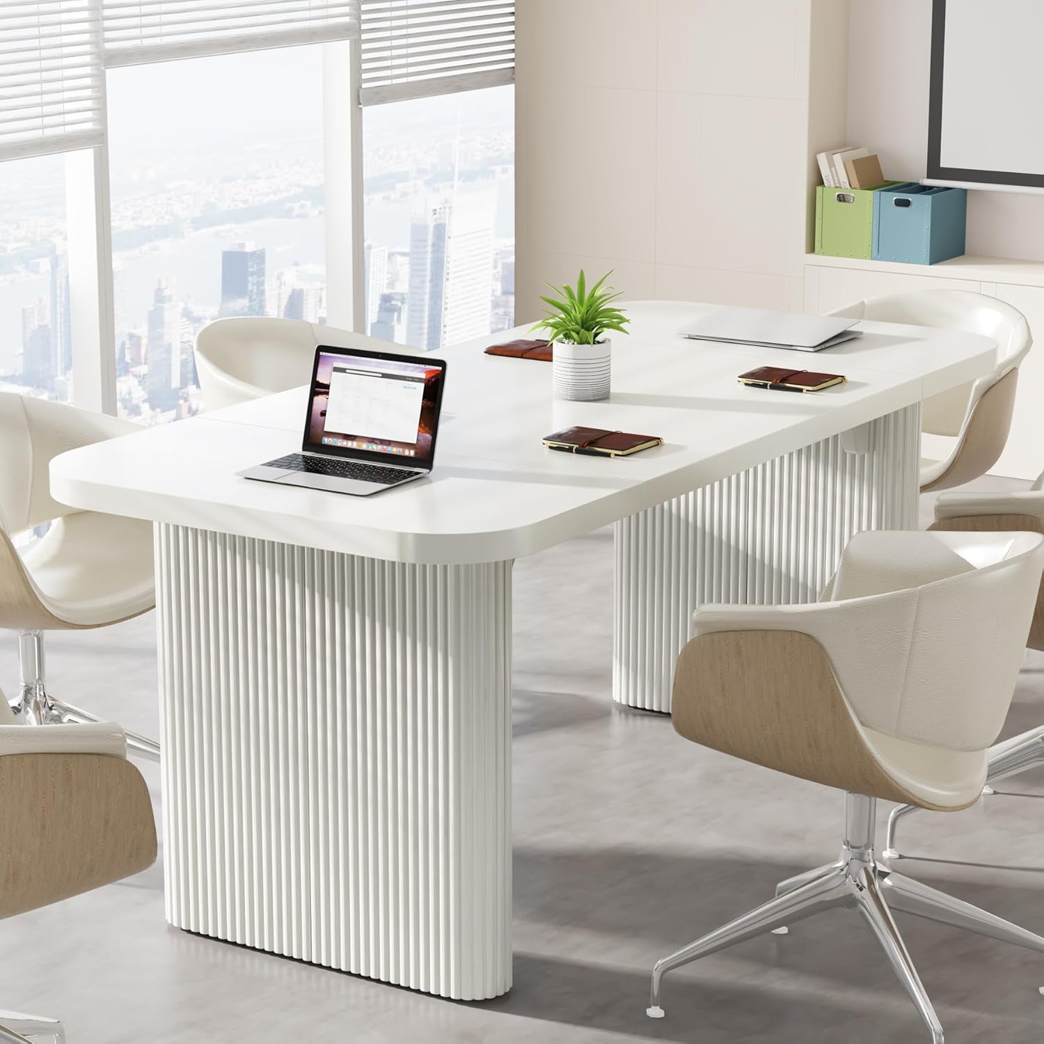 Tribesigns 5 ft Conference Table, Modern Rectangular Meeting Seminar Table with Double Pedestal, 62-Inch Large Boardroom Table for Office (White)