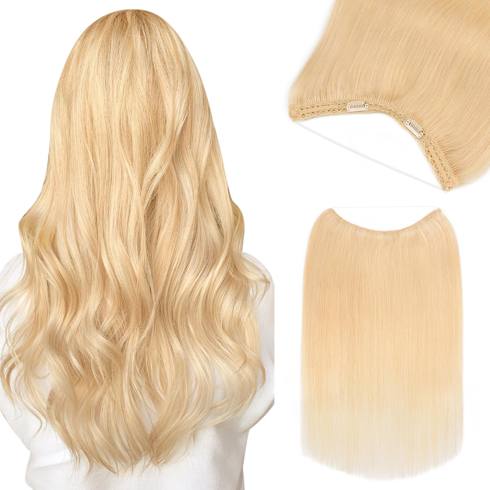 Benehair Halo Hair Extensions Wavy, 100% Real Human Hair for Women, Invisible Wire Hair Extensions for Adding Volume, 22inch #27Dark Blonde 75g
