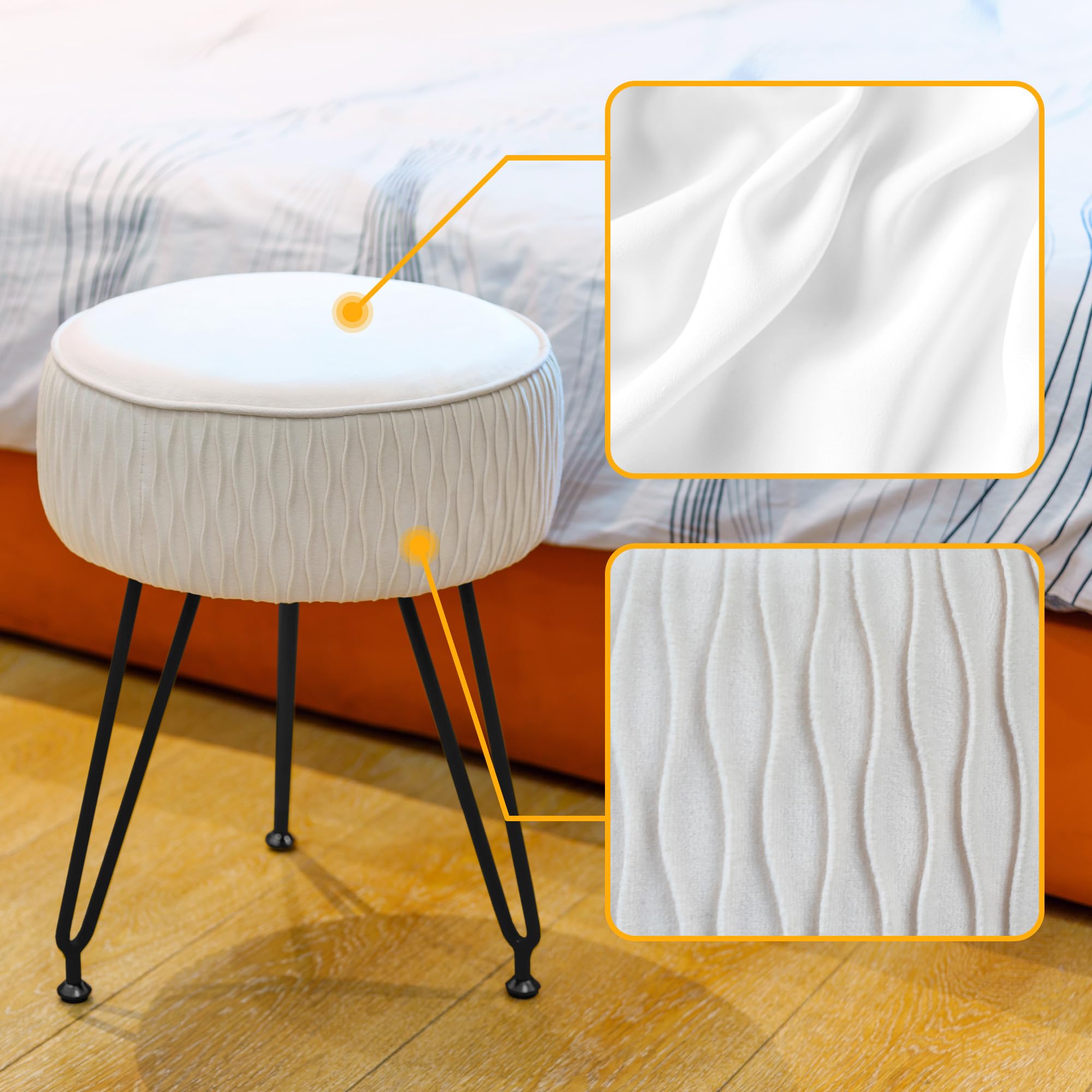 MOOWINDÂ Velvet Vanity Stool Footrests, Round Vanity Stools for Makeup Room, Modern Ottoman Foot Stool with Black Legs, Makeup Stools Dressing Chair Side Table for Bathroom, Living Room, Bedroom, White