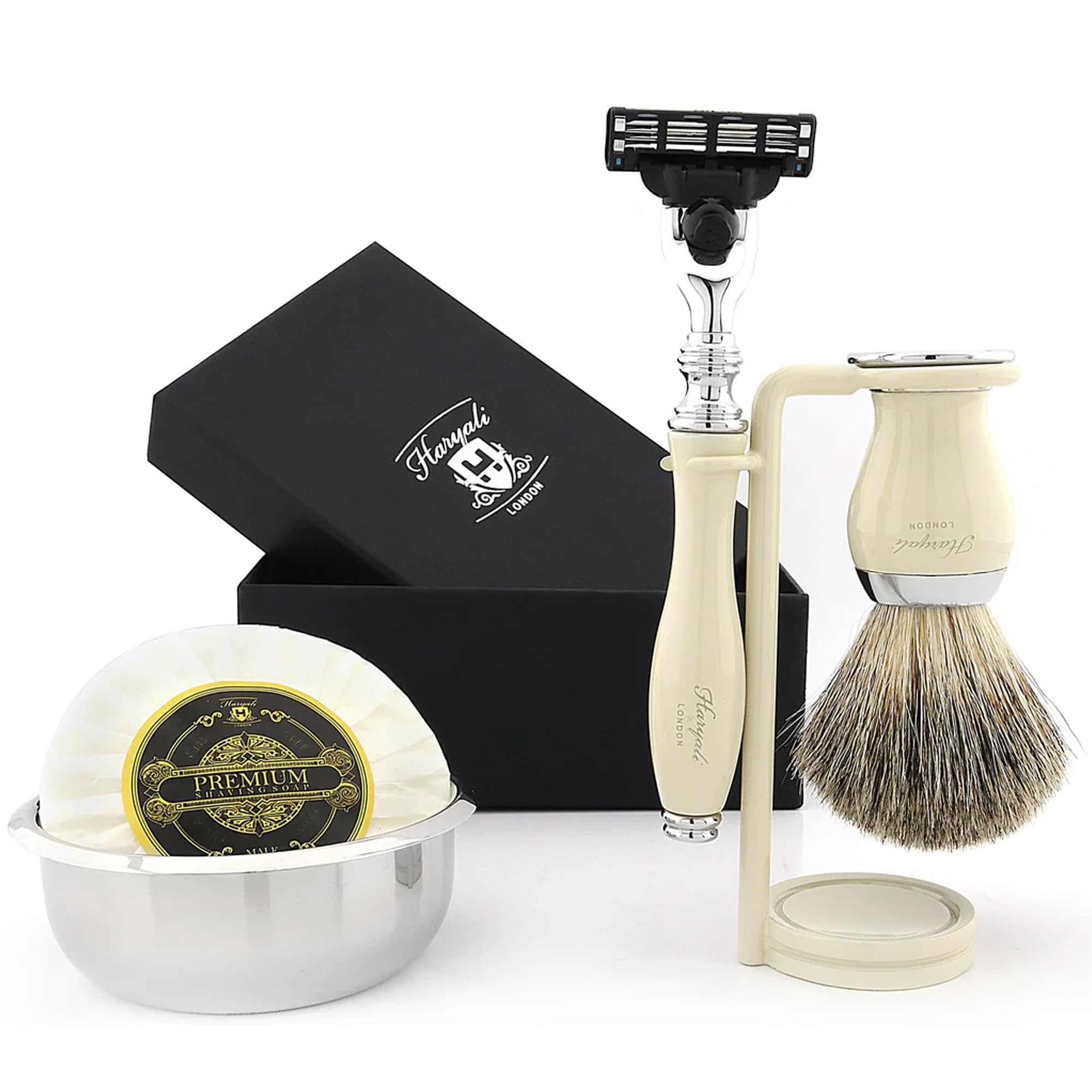 Haryali London 5 Pc Mens Shaving Kit 5 Edge Safety Razor With Black Badger Hair Shaving Brush, Stand, Soap and Bowl Perfect Set For Men