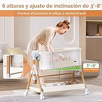 Vista 4 de Moisés de bebé 3 en 1, moisés de cabecera/mecedora para bebé, cuna de cabecera con ruedas bloqueables, colchón impermeable, 6 alturas ajustables