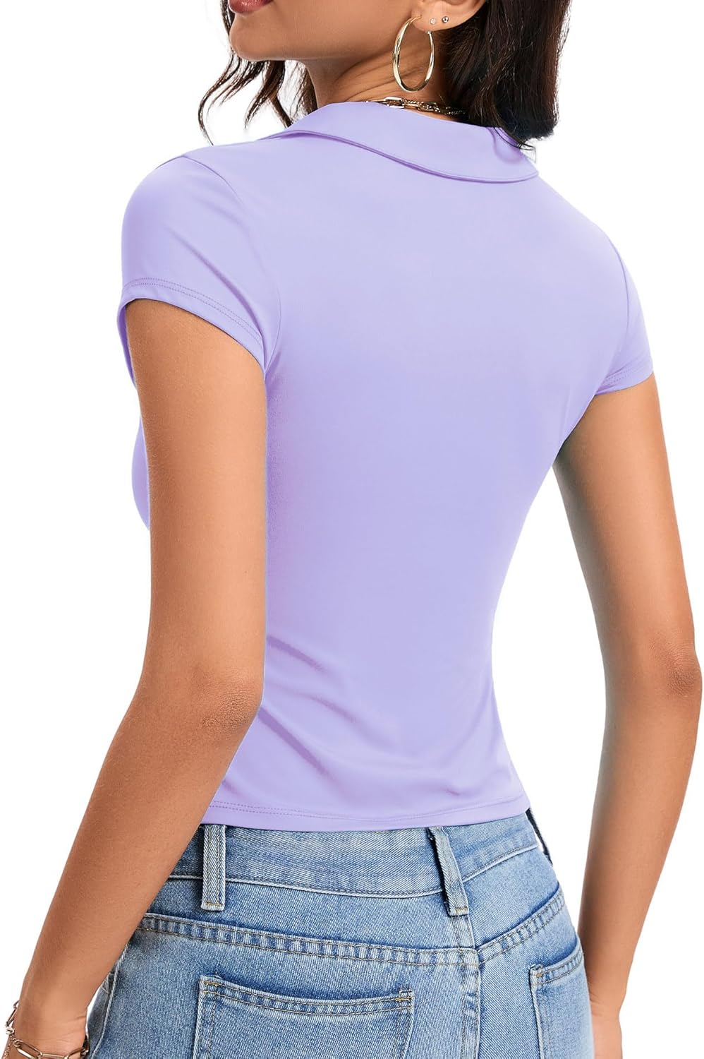 Womens Collared Shirts Fitted Polo Shirt Short Sleeve V Neck Summer Tops - Image 4