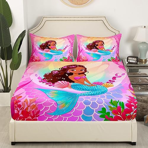 Miniatura 2 de Erosebridal Kawaii - Juego de sábanas de tamaño individual con diseño de sirena para niña, color negro y estrellas con purpurina en el océano