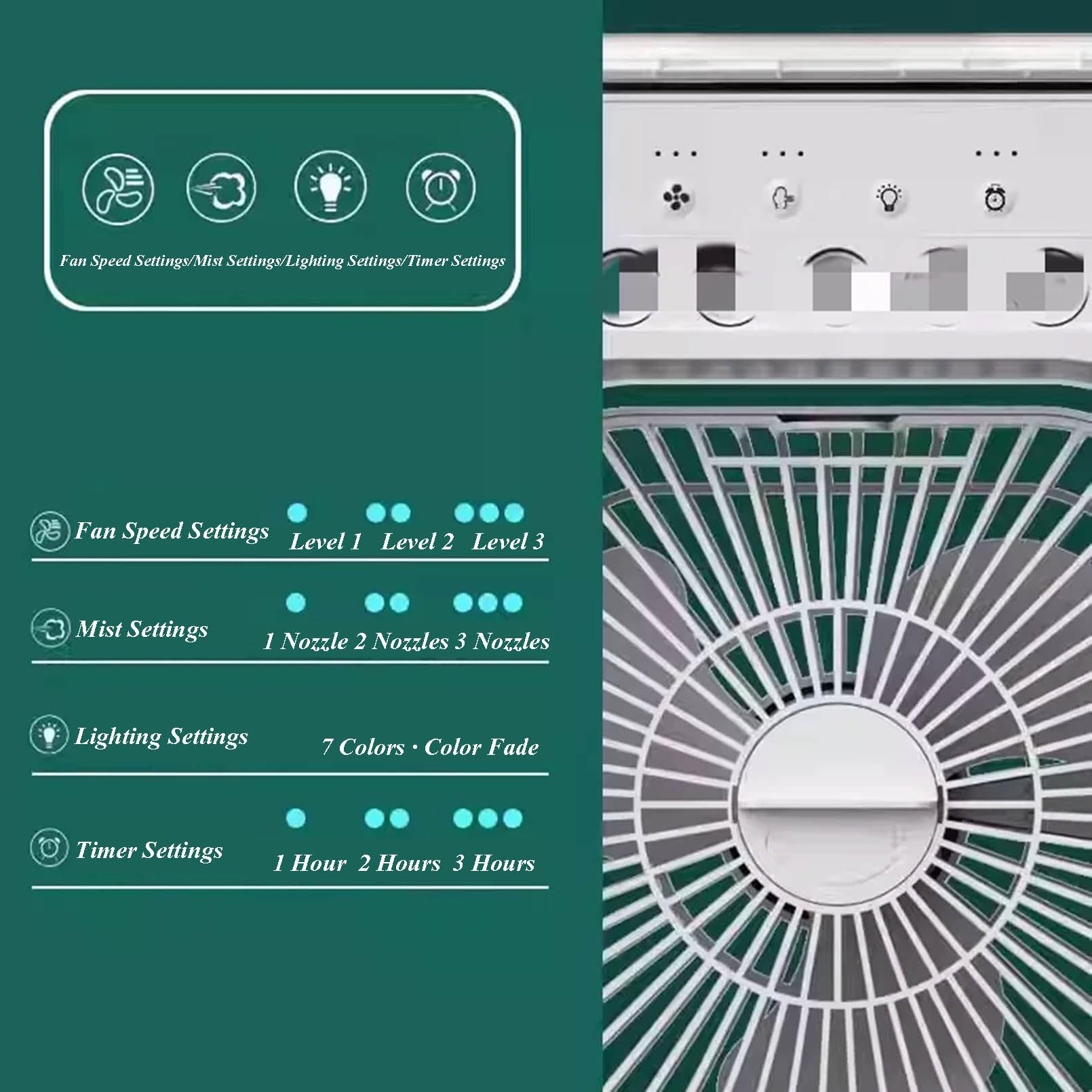 Ventola portatile 3 in 1 con luce LED, 3 velocità, modalità di spruzzo, a basso rumore, alimentazione USB, raffreddamento ad aria evaporativa per casa, ufficio e esterno
