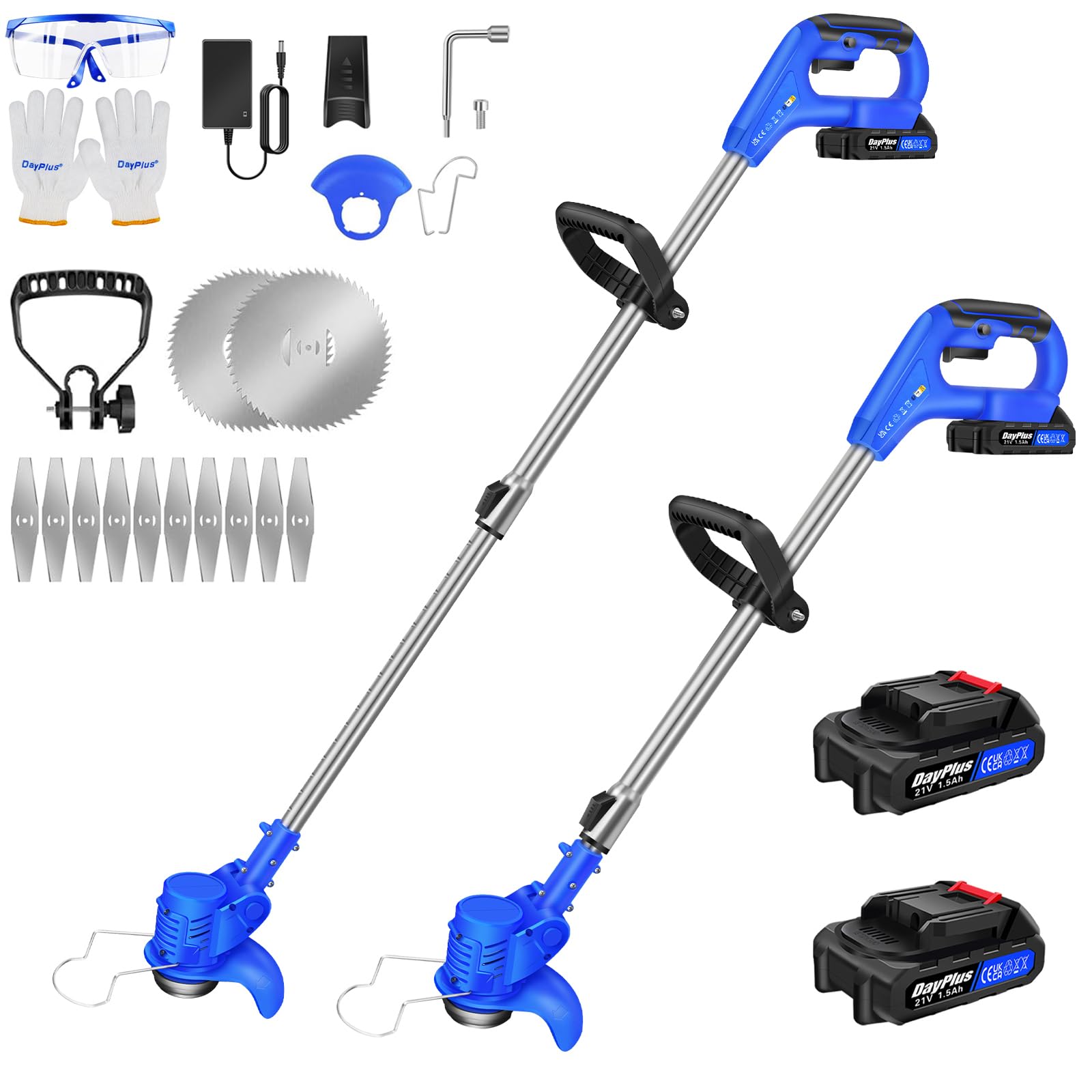 21V Cordless Strimmer, Telescopic Lightweight Electric Garden Strimmer Grass Trimmer with 10 x Metal Blades, 2 x 1500mAh Battery and Charger, Brush Cutter Grass Cutter Machinefor