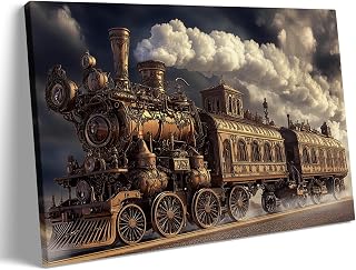 Steampunk Train Wall Art Print – Retro Industrial Poster for Bedroom Living Room Office Decor – Vintage Steam Engine Canvas Wall Art for Men’s Room 8x12in Wood Frame