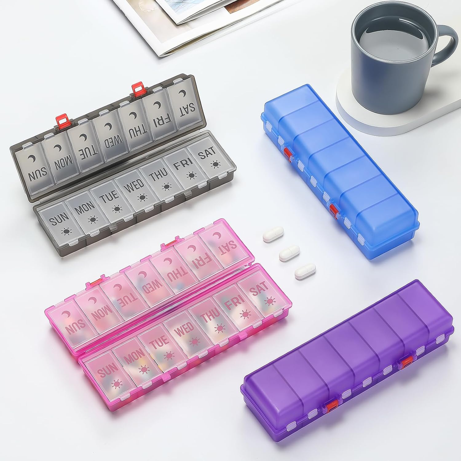 Foldable Pill Organizer 2 Times a Day w/Etched Labels -Dual Protection & Portable Weekly AM PM Pill Box, 7 Day Medicine Container, Large Travel Pill Case for Week Daily Supplement Vitamin -Clear Pink