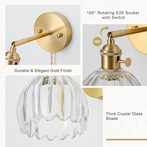 Miniatura 3 de Juego de 2 apliques de pared enchufables, apliques de pared vintage con pantalla de cristal transparente de tulipán, aplique de pared ajustable de