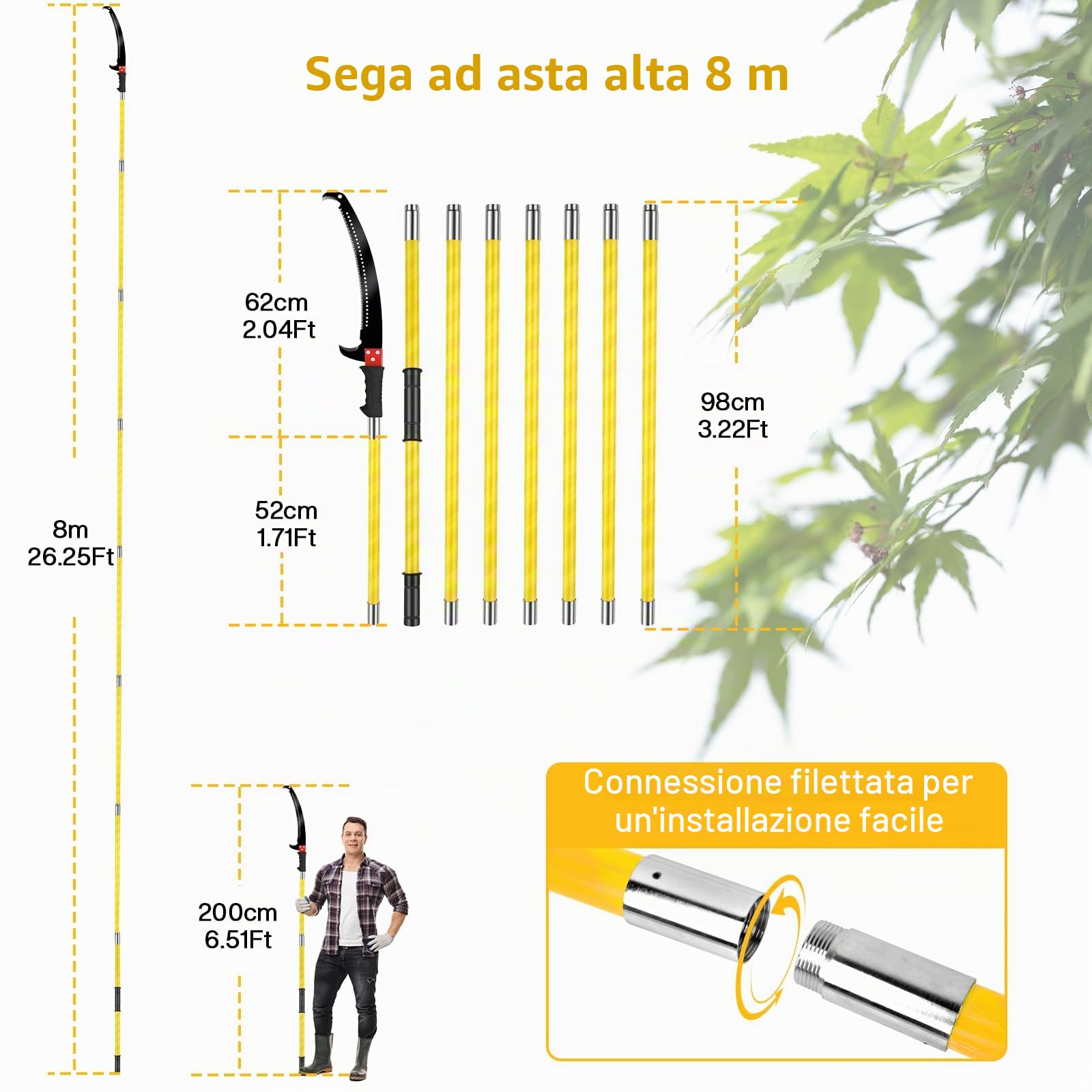 Segaccio Telescopico 8M per Potatura Alberi,Sega Telescopica per Potatura Professionale con Lama in Acciaio al Carbonio,Seghetto Potatura Regolabile per Tagliare Rami Alti, Palma,Giardinaggio