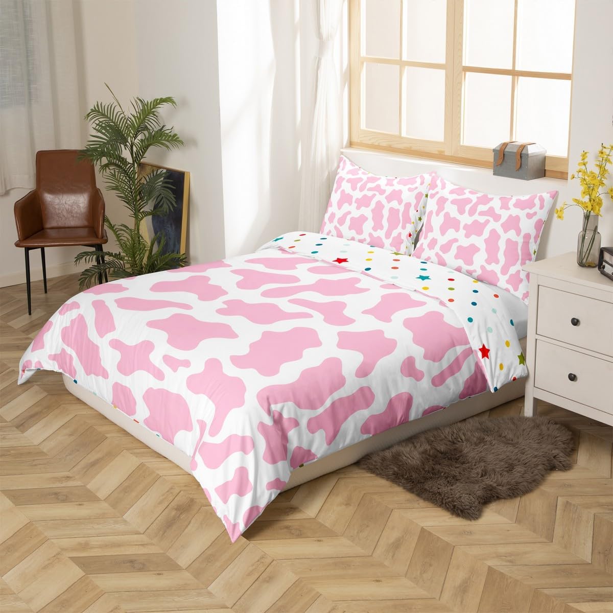 Kid Cartoon Bedding Set Pink Cow Print Duvet Cover Queen,Milk Cow Animal Cowhide Comforter Cover Farm Animals Quilt Cover for Toddler Teen Boys Girls Farmhouse Bull Cattle Kawaii Room Decor
