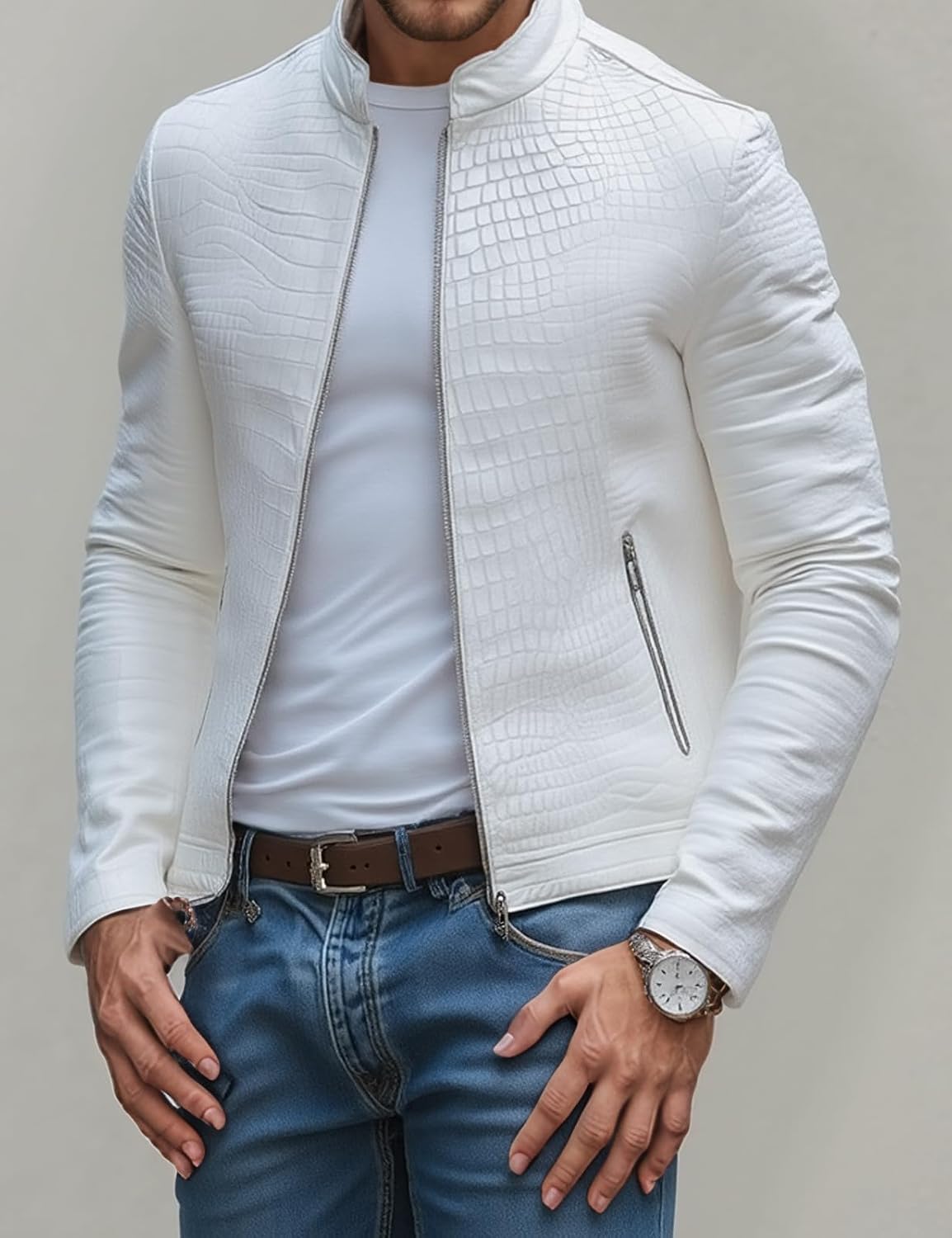 Men's Stone Pattern Leather Jacket,Slim Fit Fashion Moto Coat with Stand Collar,Zipper, Stylish,Semi-Formal