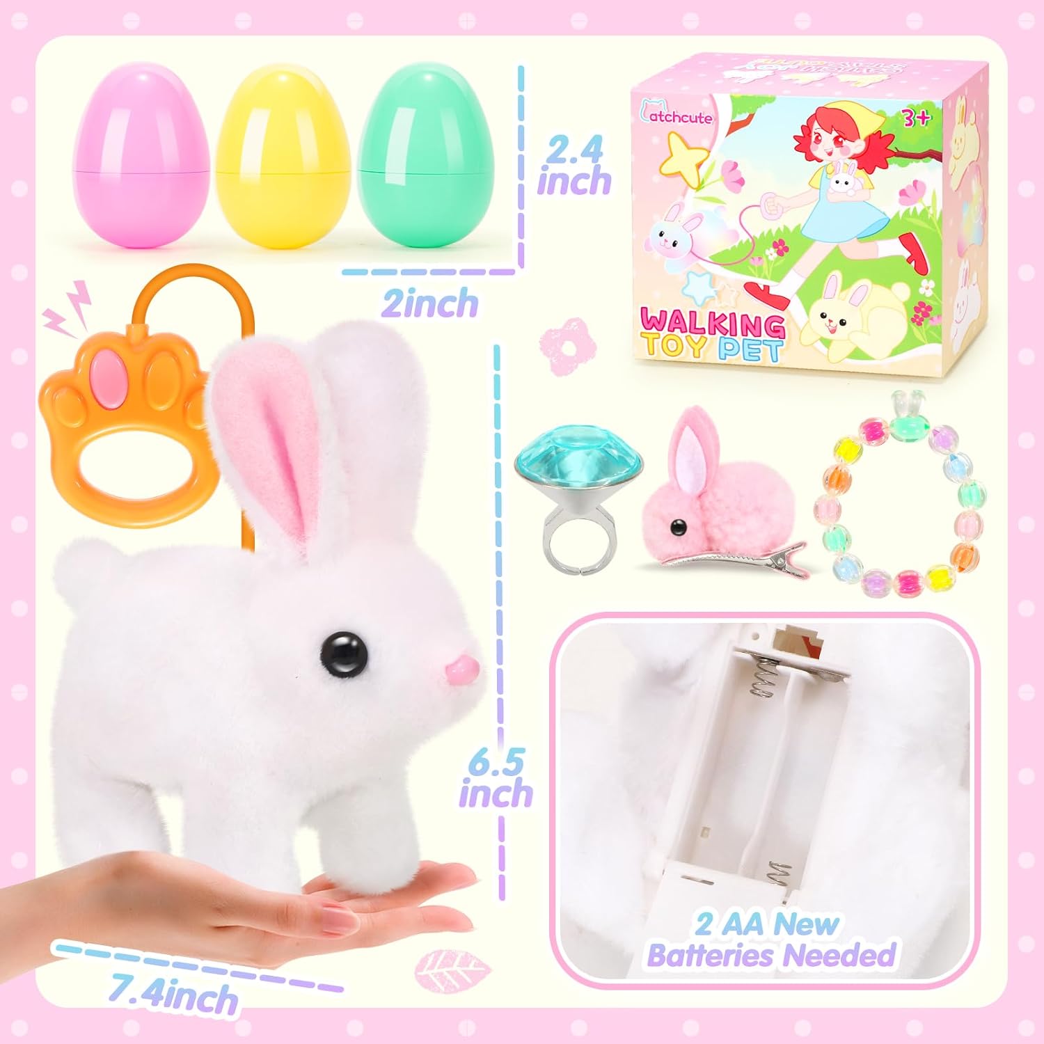 CatchCute Easter Hopping Plush Bunny Interactive Toys for Kids,Can Wagging Tail and Twitching Nose with Remote Control Leash,Easter Eggs and Decorations,Easter Christmas Birthday Gift for Toddlers