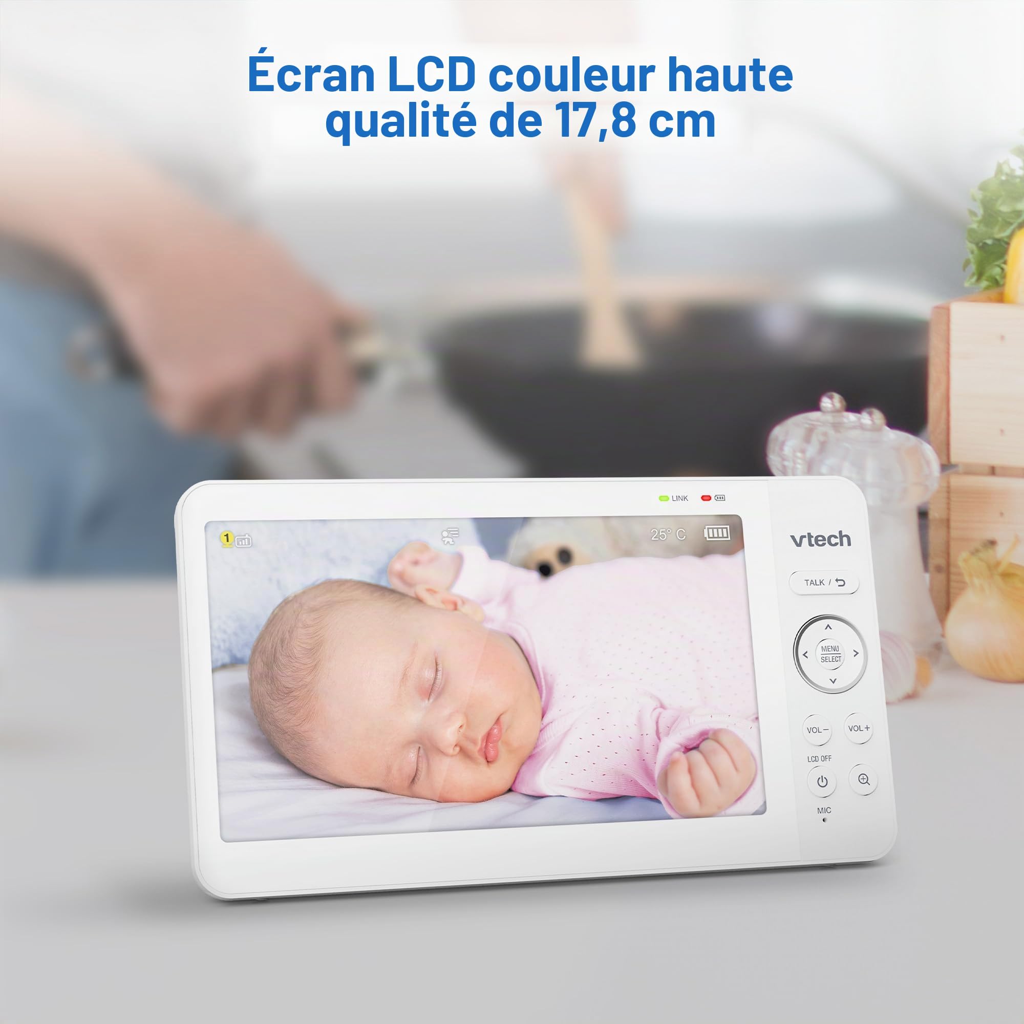 VTech VM7467 Moniteur pour bébé avec écran LCD 7", Zoom inclinable panoramique à Distance, Vue Grand Angle de 178°, Sons apaisants et berceuses, veilleuse Multicolore, Conversation bidirectionnelle,