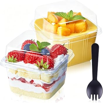 TOFLEN 100Ct 8 oz Square Plastic Dessert Cups with Lids and Sporks, Clear Plastic Yogurt Parfait Cups Cake Cup for Mousse, Fruit, Banana Pudding Cup