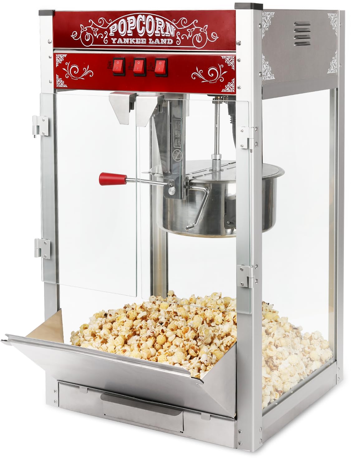 Popcorn Machine with Cart Wheels Popcorn Maker with Stainless Steel Kettle Popcorn Popper for Home, Theater, Parties (16OZ, Red)