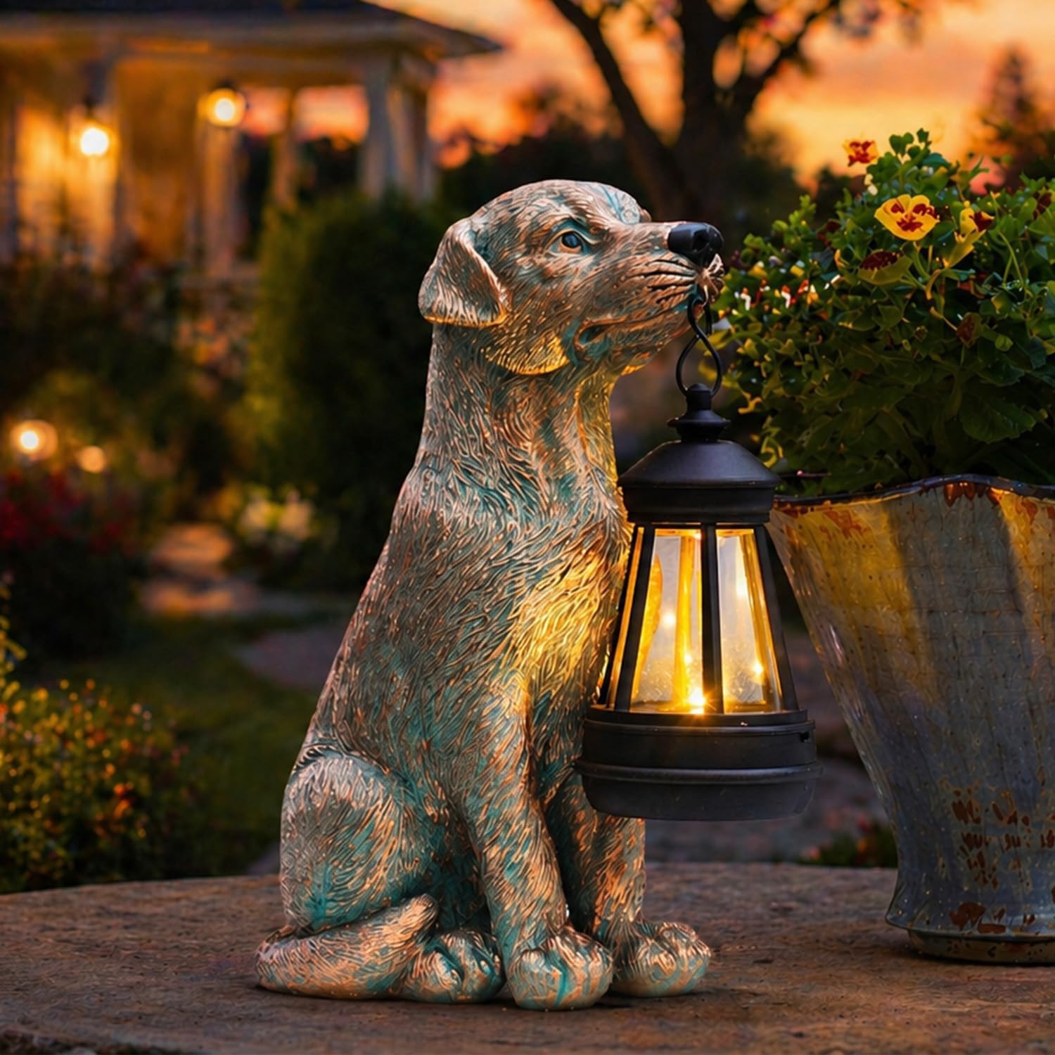 Yeomoo Statuetta a forma di cane con lanterna solare, decorazione da giardino in resina, per esterni, rame