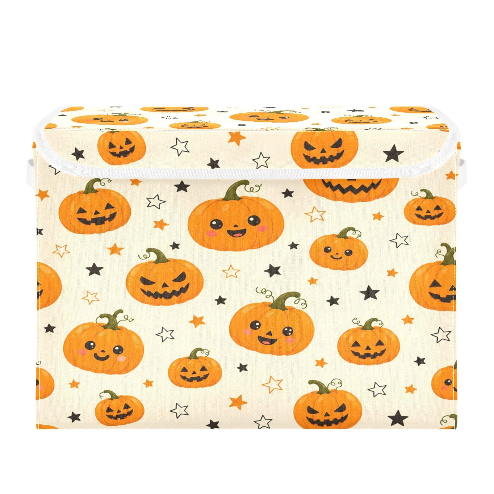 Ewusp Halloween Pumpkins Fabric Storage Bin with Lid, Decorative Foldable Storage Basket with Handles, Stackable Closet Shelf Organiser Box for Clothes, Books, Bedroom, Living Room