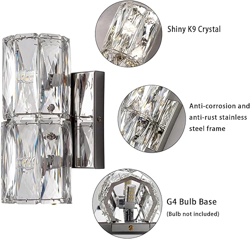Miniatura 4 de Qaupoee Apliques de pared de cristal con 2 luces, lámpara de pared LED cromada, lámpara de noche de acero inoxidable de metal de 2 niveles,