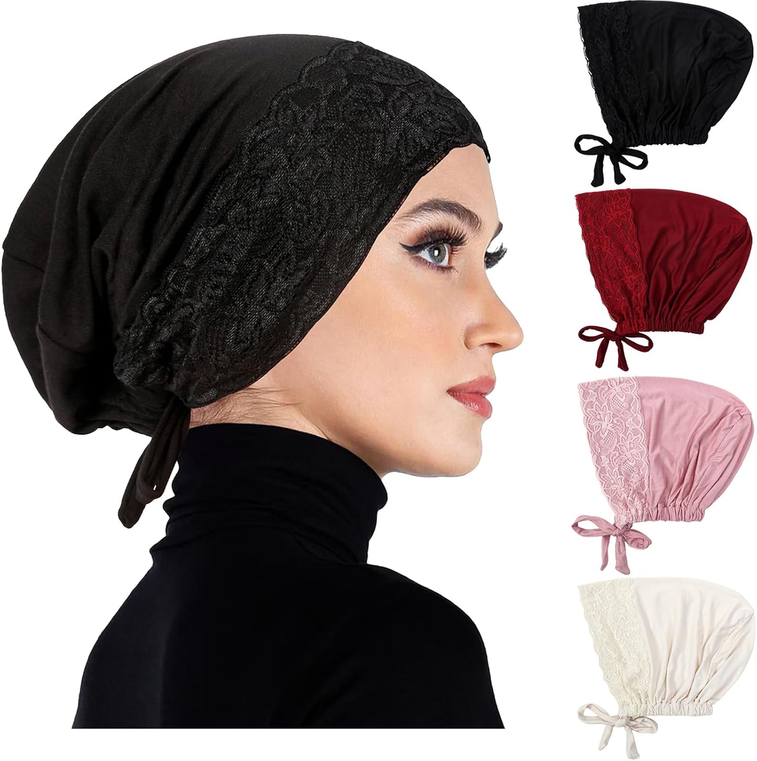 4 Pcs Women Hijab Undercap Muslim Lace Inner Beanies Cap with Tie Back Muslim Under Scarf Hijab Cap Islamic Turban