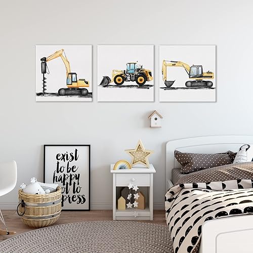 Miniatura 4 de Juego de 3 pinturas en lienzo enmarcadas para decoración de pared, diseño de camión de camión volquete, vehículo de construcción, póster para el