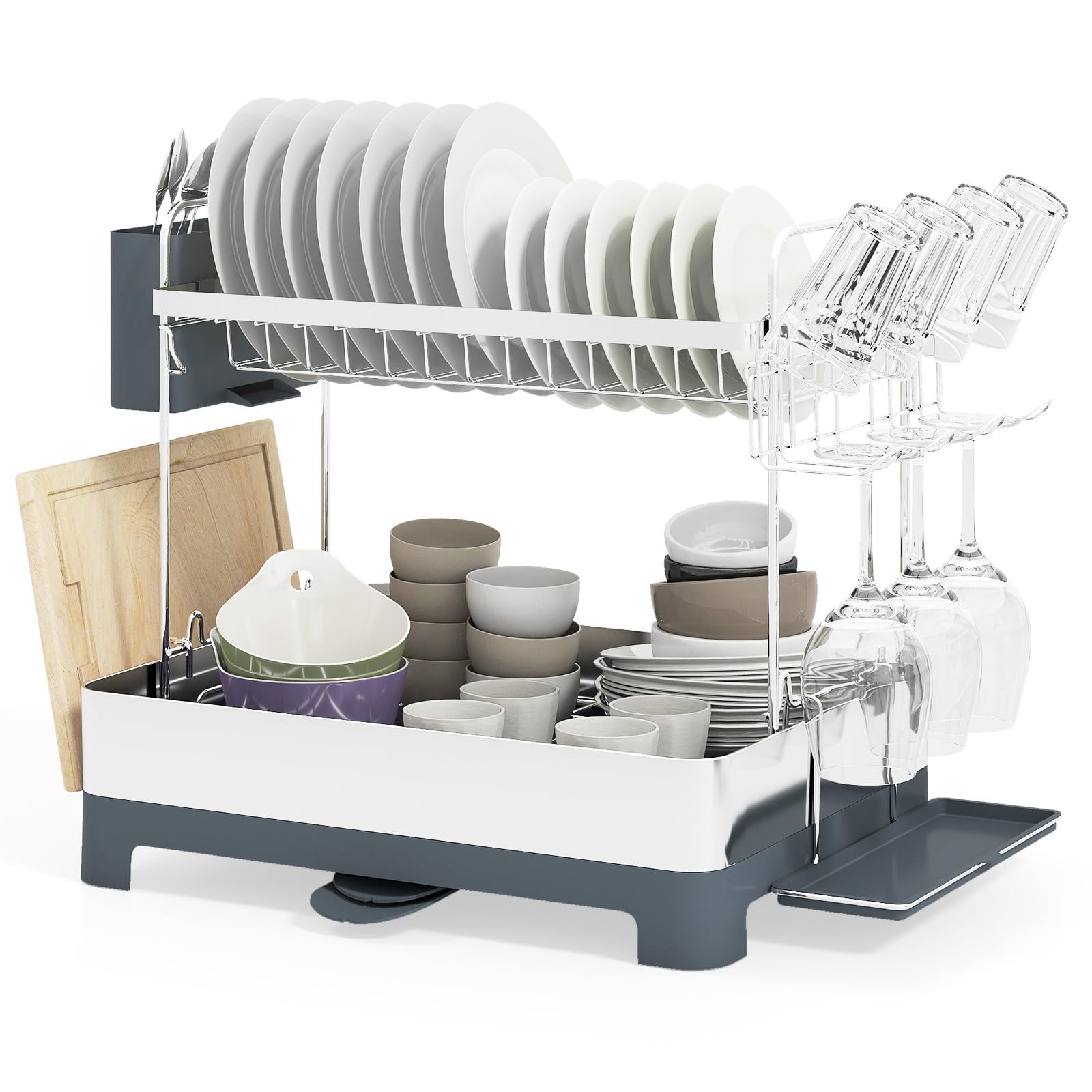 GOPLUS Escurreplatos de Acero Inoxidable, Escurridor de Platos de 2 Niveles con Bandejas de Goteo, Caja para Cubiertos, Portavasos, Soporte para Tabla de Cortar, Estante Escurre Platos para Fregadero