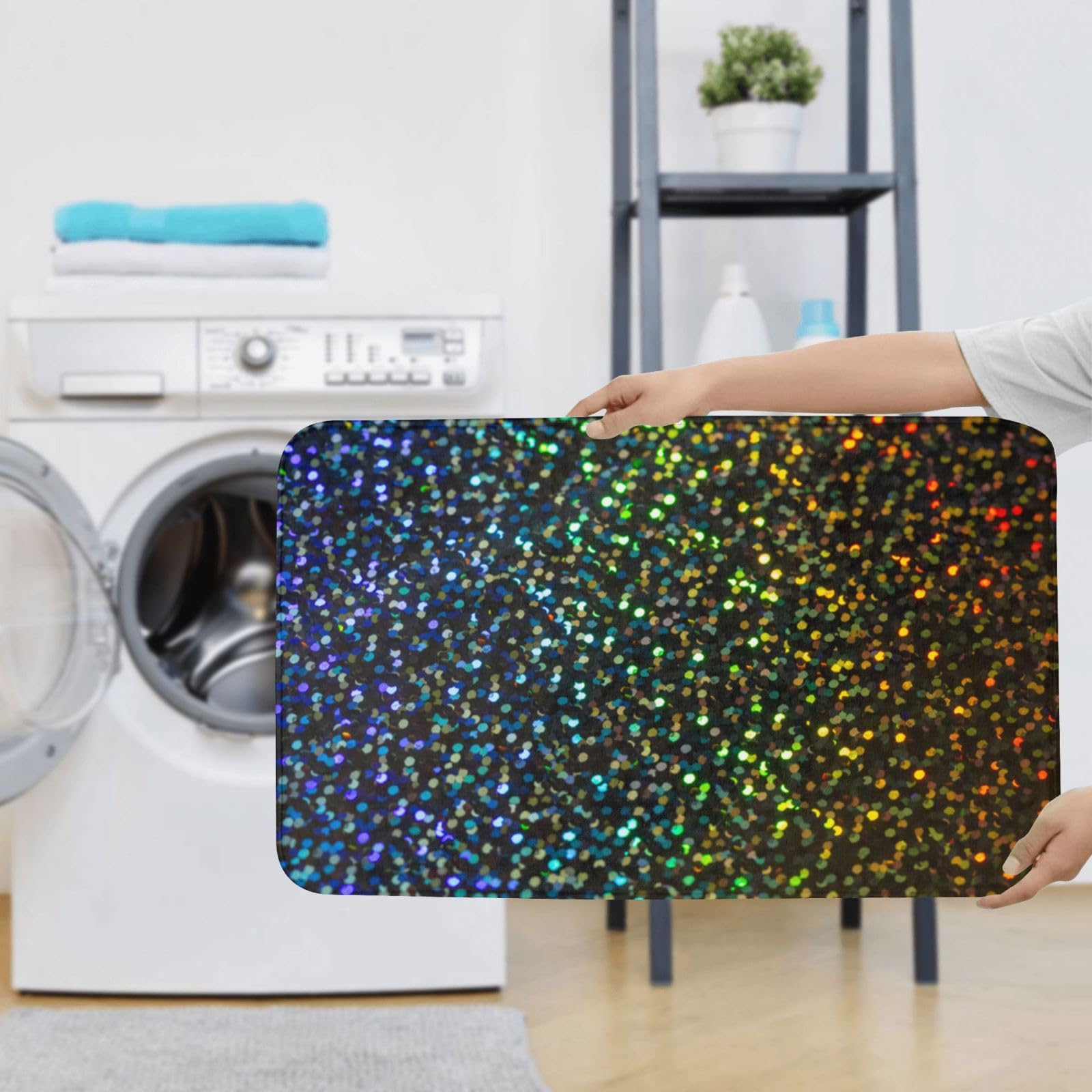 OUSIKA Set di 3 tappetini da bagno con sfondo arcobaleno glitterato stampato, tappetino per contorno, tappetino assorbente, copriwater per il bagno