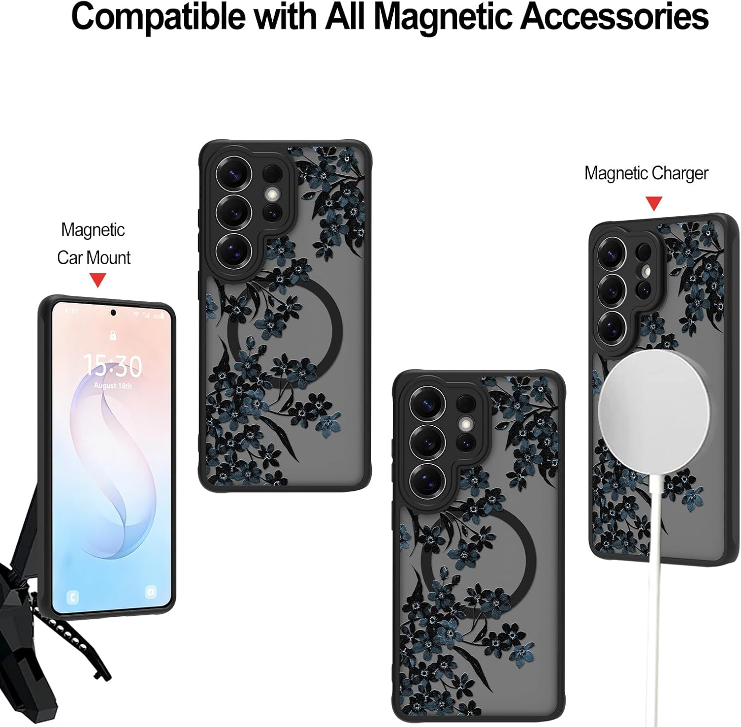 Fiyart Designed for Samsung Galaxy S26 Ultra Matte Flowers Design Compatible with MagSafe Charging,Cute Floral Anti-Scratch Translucent Phone Cover for Women Girls 6.9"-Black