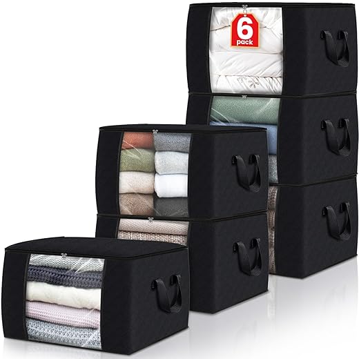 Fab totes Storage Bags,Clothes Blanket Storage Bins Foldable Closet Organizers with Reinforced Handle for Home Dorm Storage and Organization,Fabric Bags for Organizing Sheets,Clothing (Black,6 Pack)