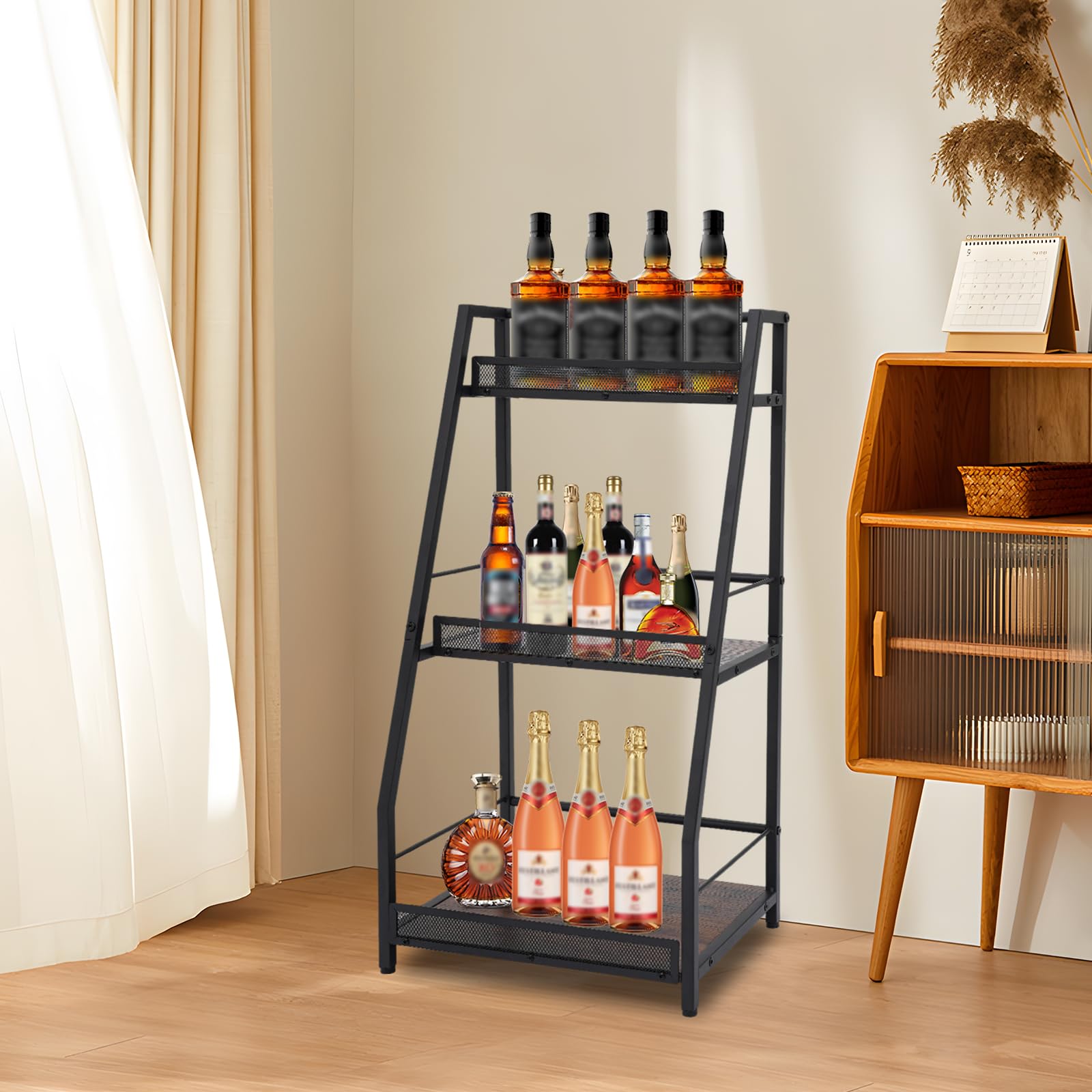 Liquor Cabinet Mini Bar a 3 livelli, scaffale per vino autoportante per whisky, angolo bottiglia liquido display scaffale con recinzioni e piedini regolabili per casa, cucina, sala da