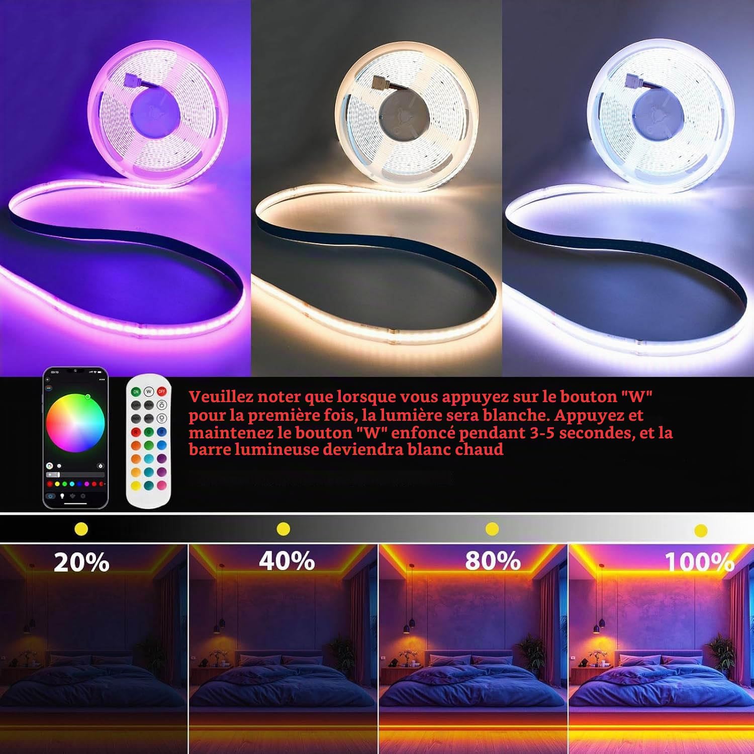 Ruban LED COB RGBW 10M WiFi, Bande Lumineuse 672 LEDs/m Haute Densité, Blanc Chaud 3000K & Multicolore, Compatible Alexa/Google Home, Sync Musique, pour Chambre, Salon, Gaming (24V)