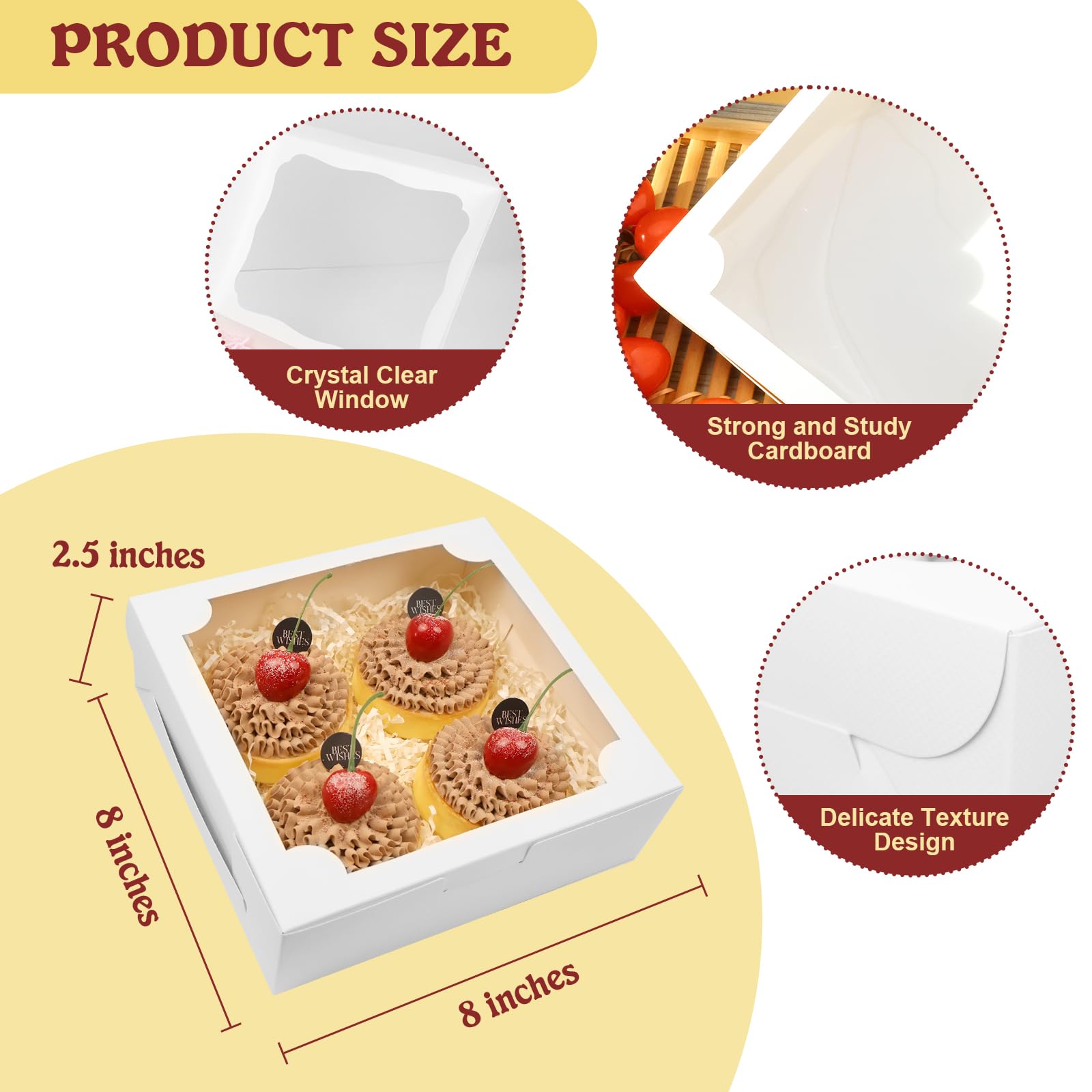 QULIT 50 cajas de panadería blancas de 8 x 8 x 2.5 pulgadas con ventana, cajas de pastelería, cajas de postre para galletas, macarrón, dona, magdalenas de chocolate, fresa y cupcakes