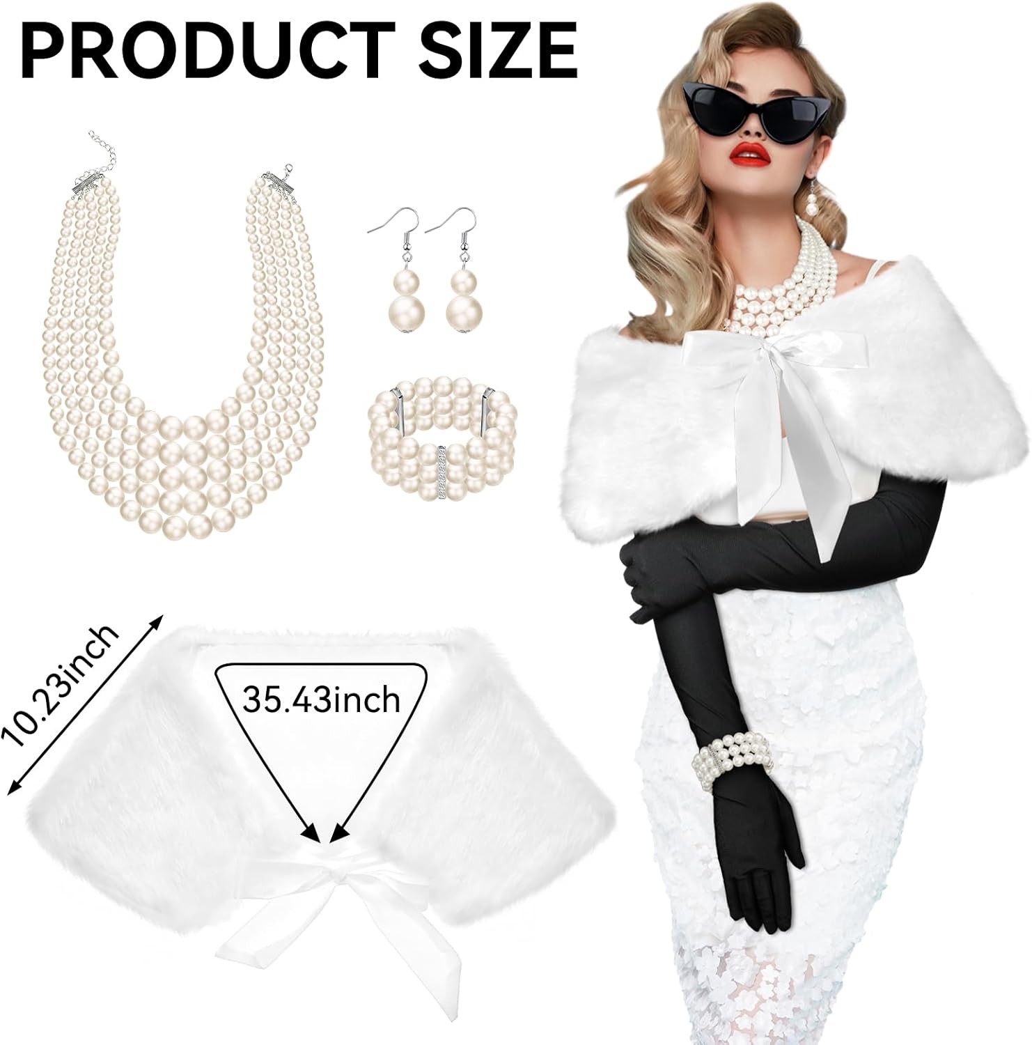 7 Pcs 1920s Flapper Costume Accessory for Women Vintage 1950s Accessory Faux Fur Shawl with Sunglasses Pearl Strand Necklace Tiara Long Black Gloves for Halloween Cosplay Costume