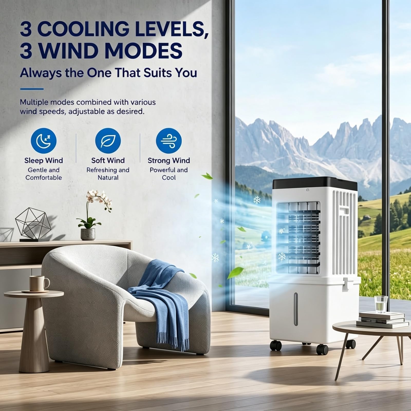 Condizionatore d'aria portatile, 4 in 1, con serbatoio dell'acqua da 15 litri, 3 velocità, timer 7,5 ore, telecomando, display a LED, ventola di raffreddamento per casa, ufficio, meccanico
