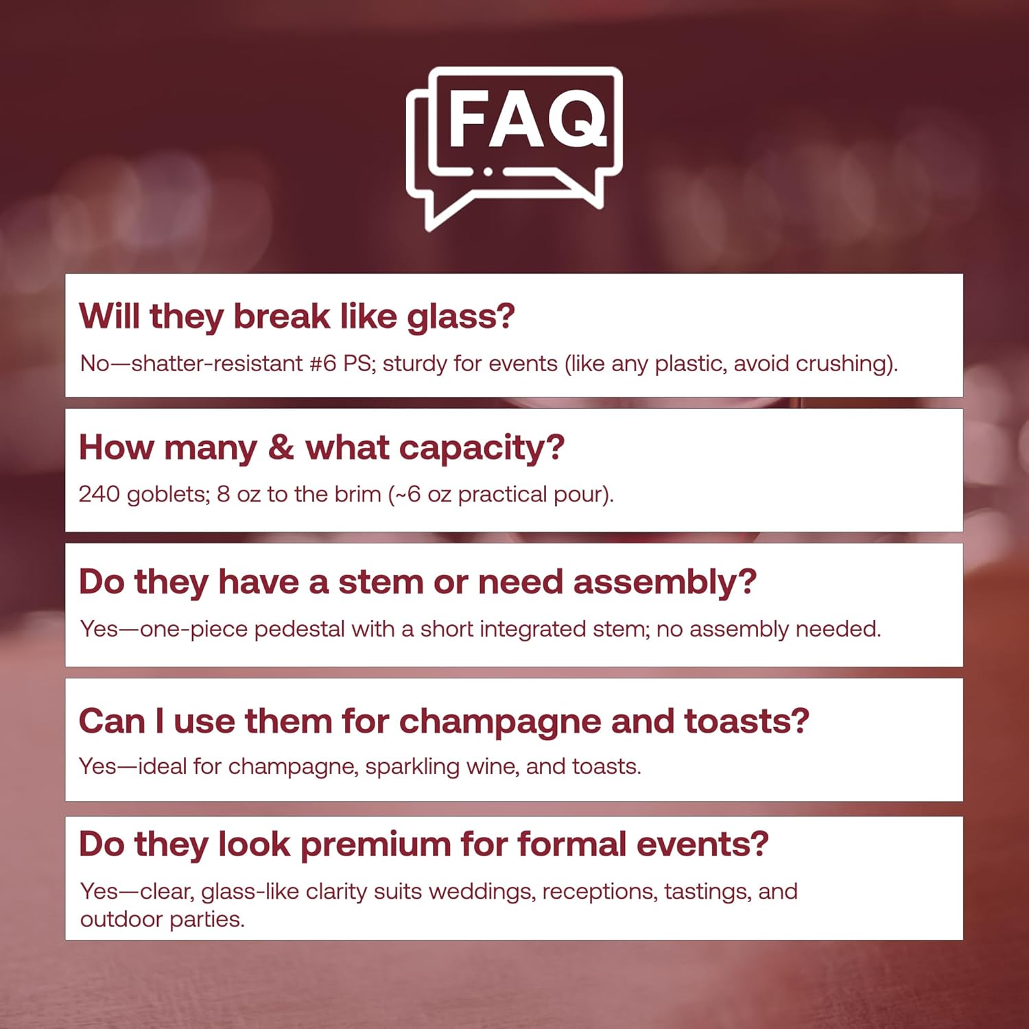 Smarty Had A Party Elegant 8 oz Plastic Wine Glasses with Stem – 4" Tall Disposable Water Goblets Bulk for Wedding, Wine Tasting & Cocktail Glasses Disposable Classy – BPA Free for Parties and Events - Image 6