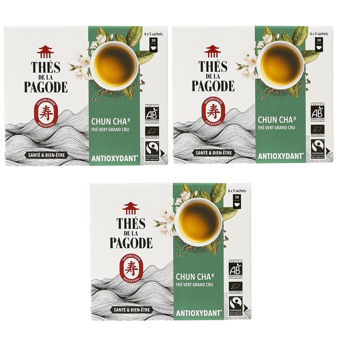 Thés de la Pagode | Té Chun Cha de Comercio Justo | Lote de 3x 30 bolsitas | Té Verde Grand Cru de China | Rico en Antioxidantes y EGCG | Sabor Suave y Redondo